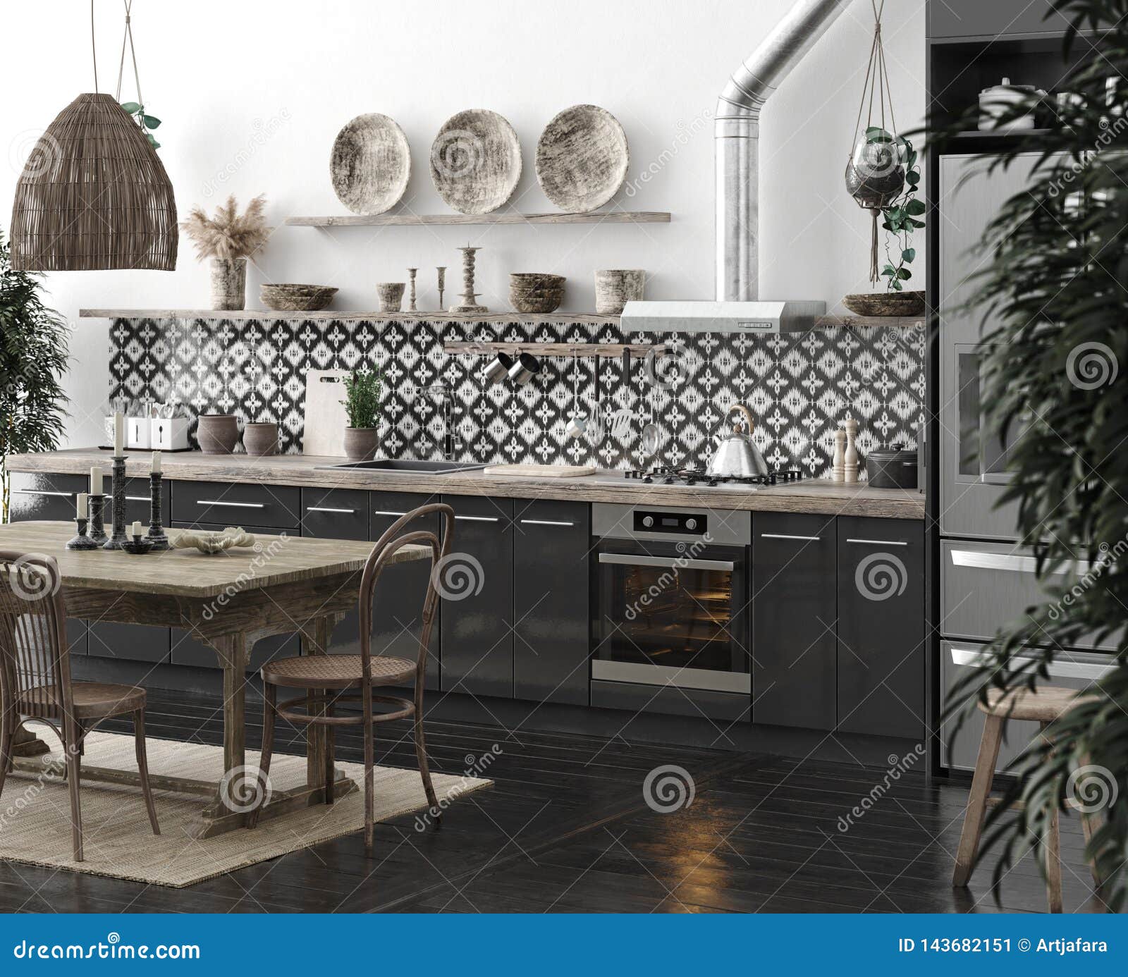 Ethnic Kitchen Interior, Rustic Style Stock Illustration Illustration