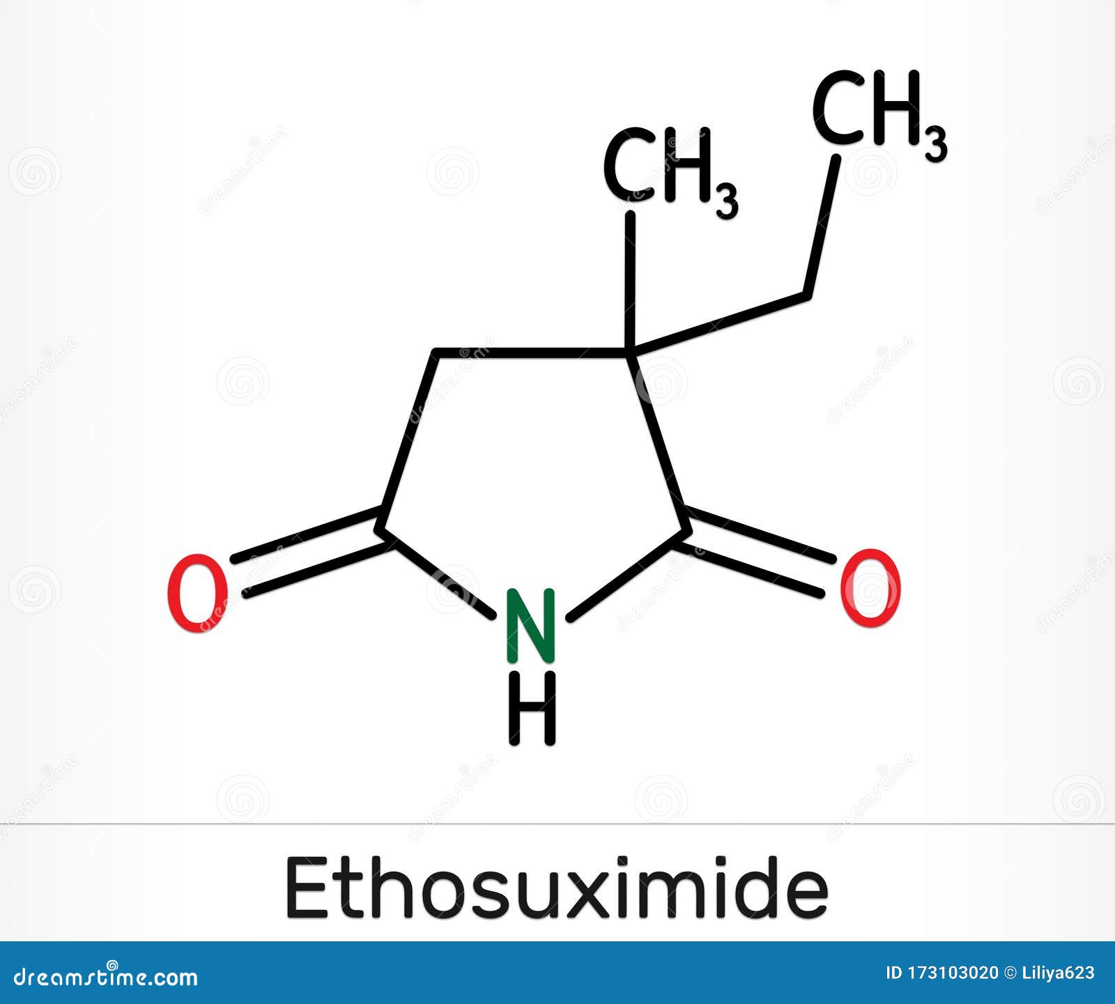 ethosuximide, c7h11no2 molecule. it is succinimide based anticonvulsant, useful in the treatment of absence seizures. skeletal