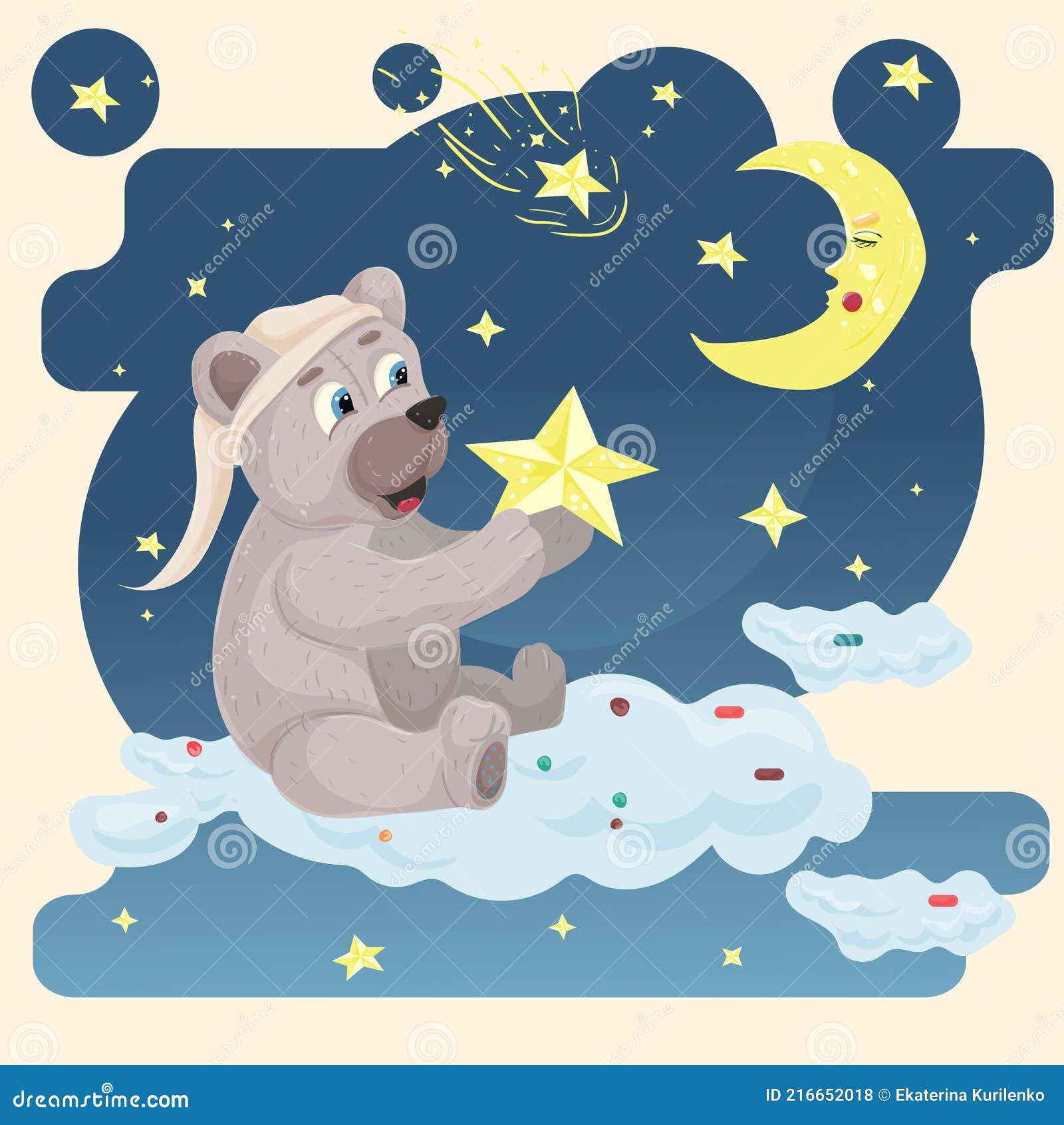 Etiqueta Engomada De Ilustración En Niños Dibujos Animados De Estilo Plano Para  Niños Dormitorio Diseño Decoración Bebé Oso En Una Ilustración del Vector -  Ilustración de noche, modelo: 216652018