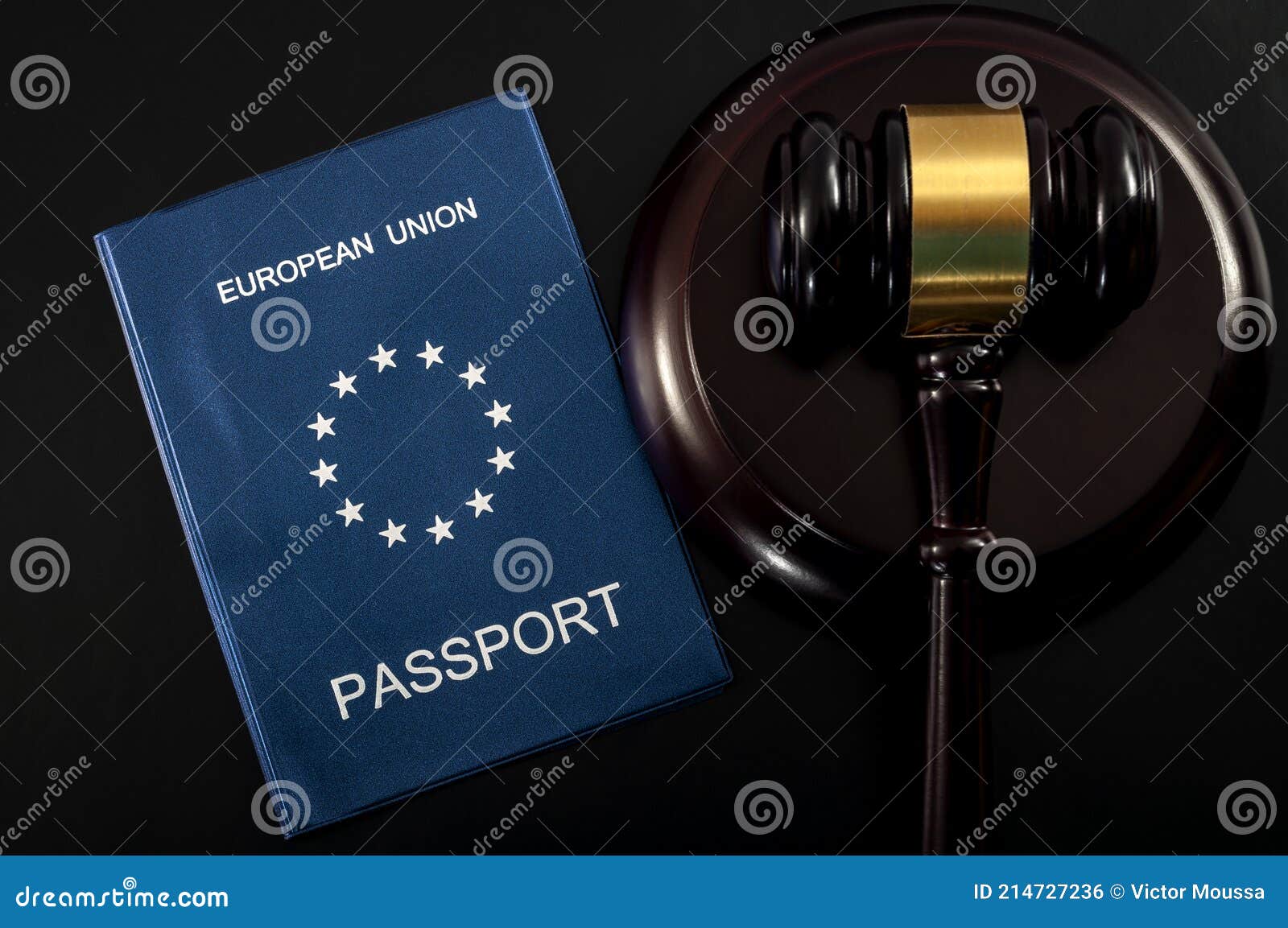 eu citizens rights and european freedom of movement concept with close up on an european passport next to a gavel on a dark