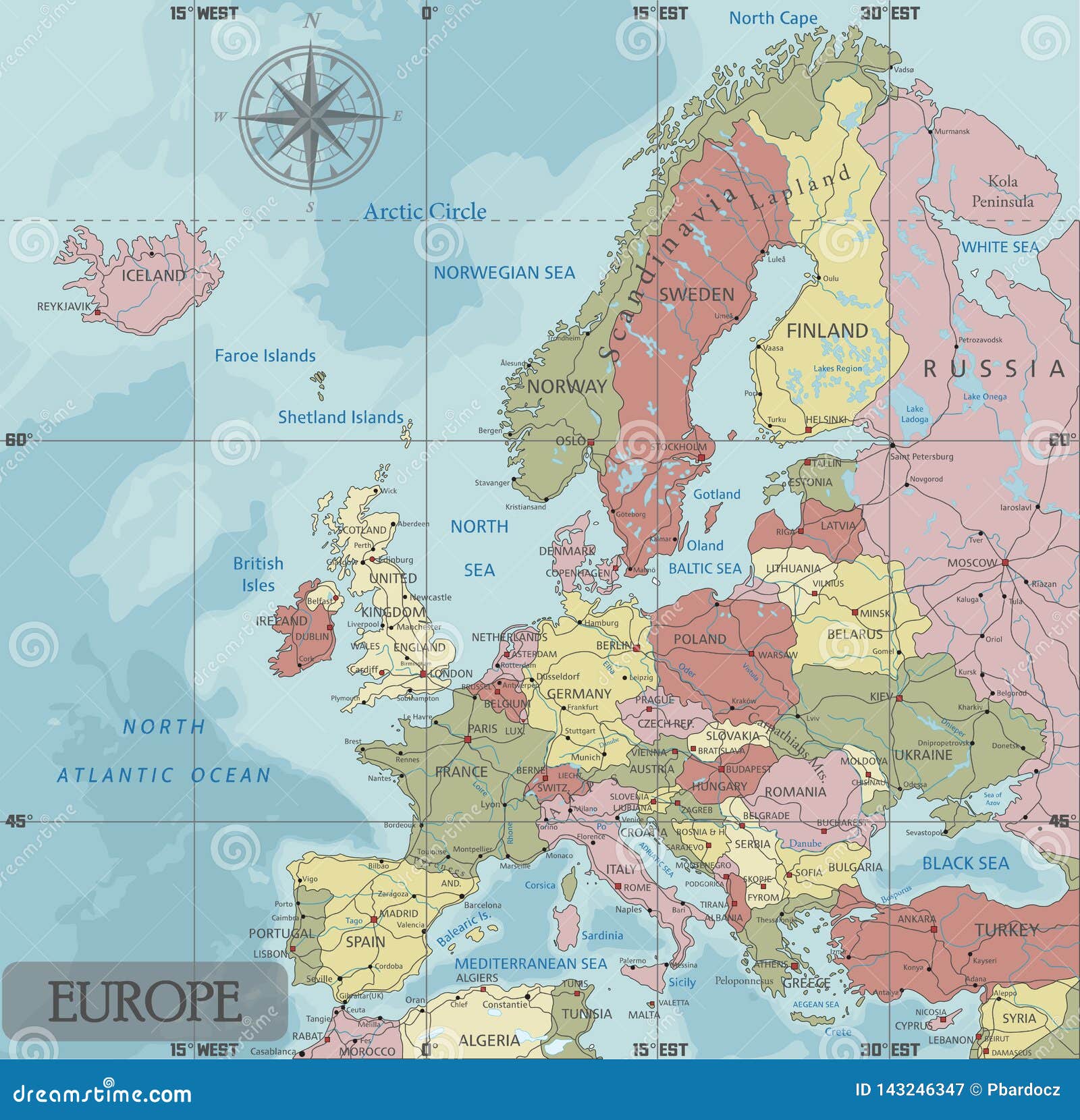 detailed europe political map in mercator projection.