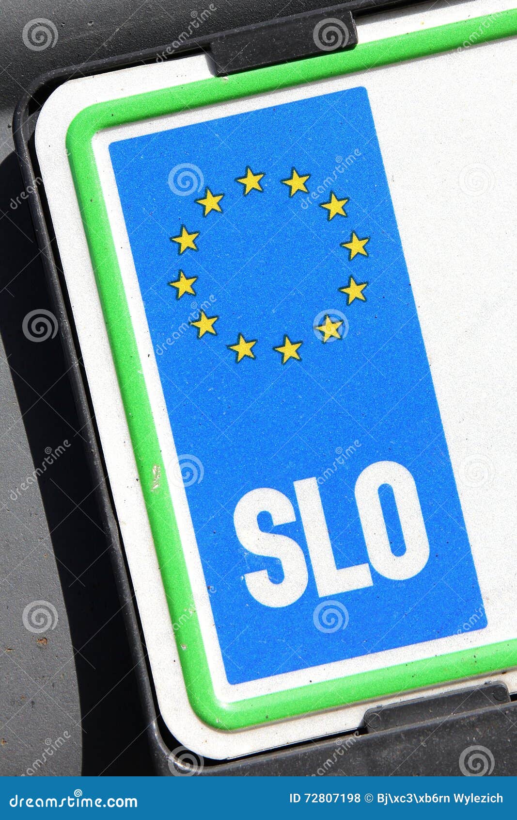EU registration plate - SLO. Country identifier Slovenia of EU car registration plate