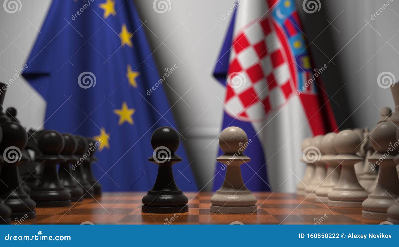 EU- Und Kroatien-Flaggen Hinter Den Pferden Im Schachbrett Schachspiel Oder Politische Rivalität Im Zusammenhang Mit 3D-Darstellu Stockfoto
