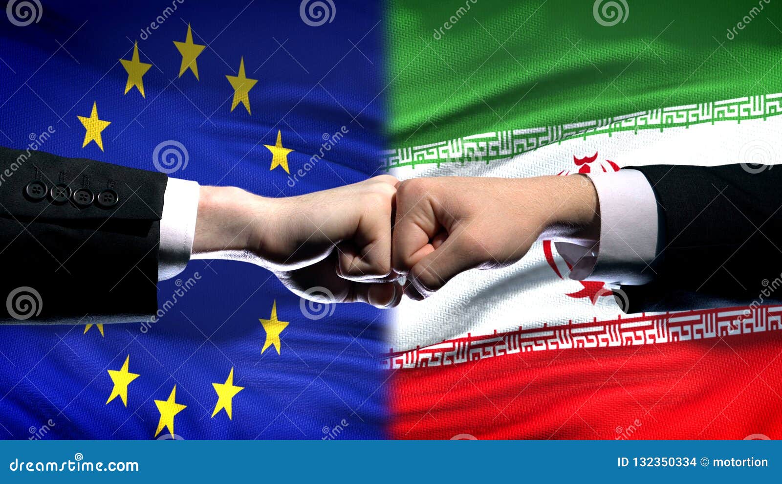 Eu Vs Iran Conflict International Relations Crisis Fists On Flag
