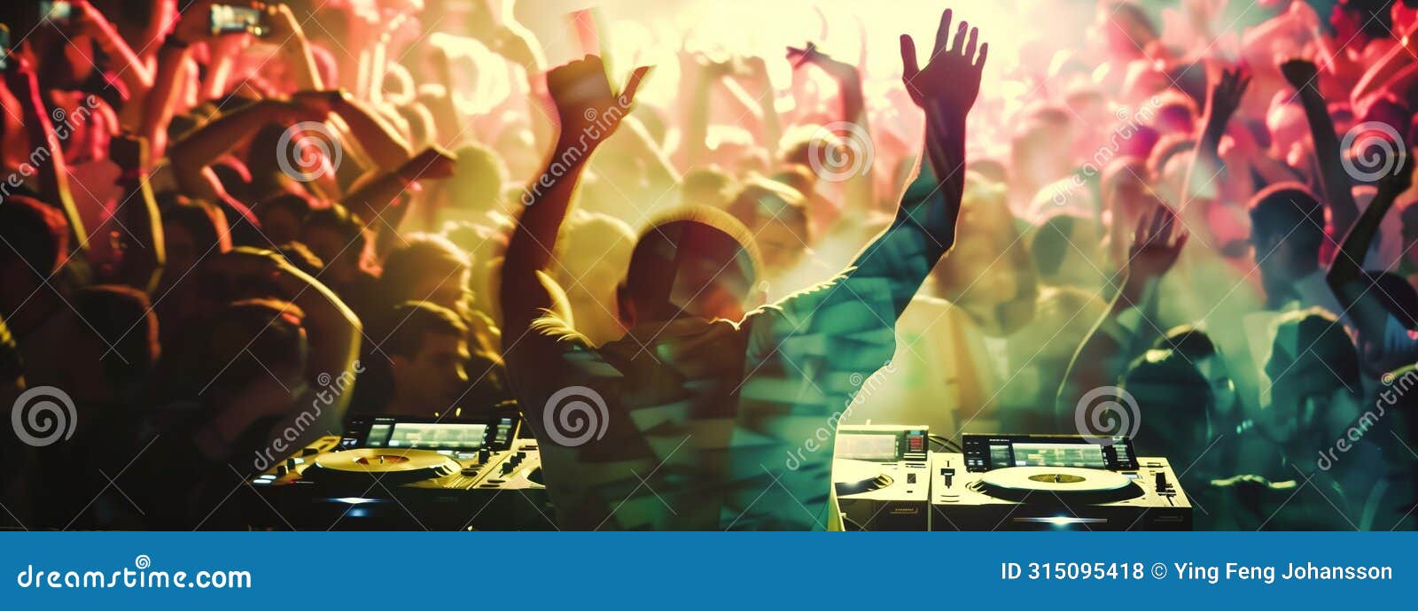 a dj commands the stage, surrounded by an ecstatic sea of dancing fans. double exposure