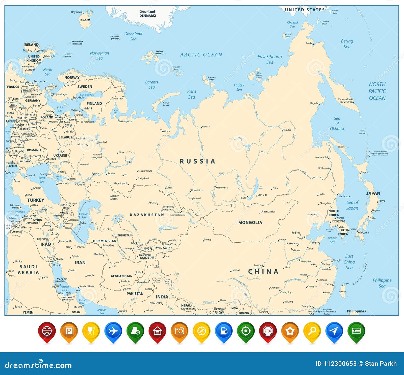 eurasia detailed map and colorful map pointers.
