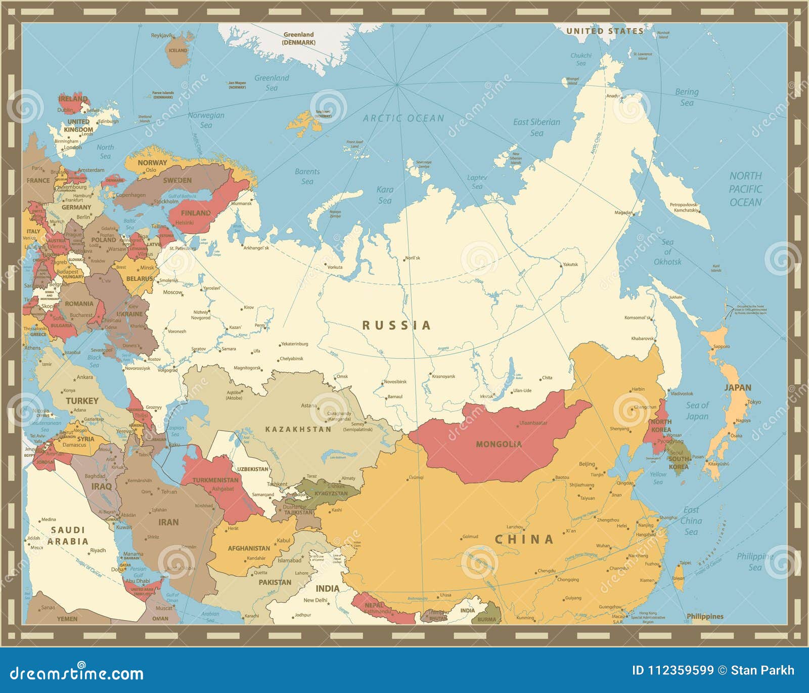 eurasia map vintage color
