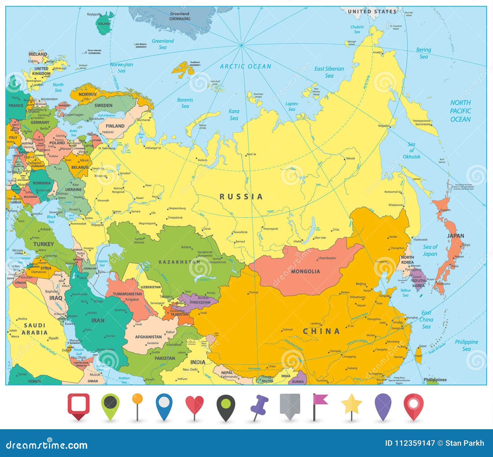 eurasia political map and flat map pointers