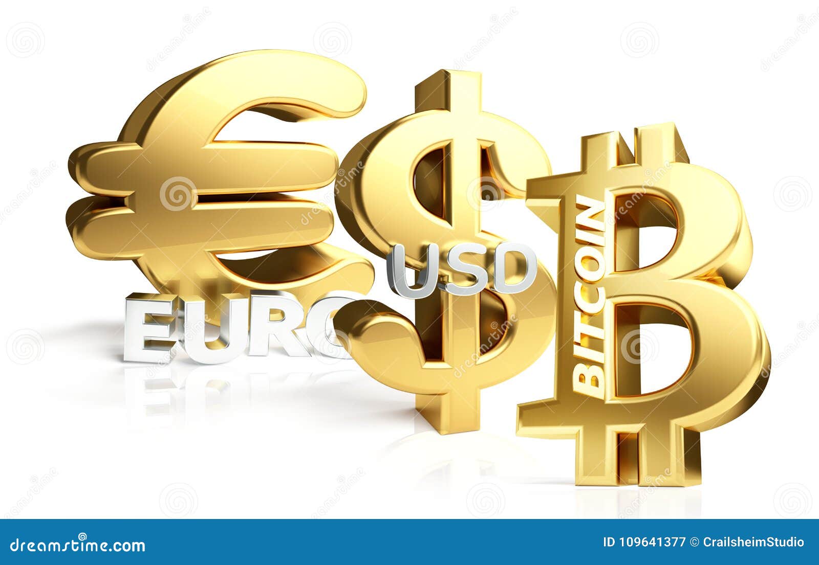 Euro Bitcoin US Dollar 3d Rendering Sybol Golden Stock Illustration