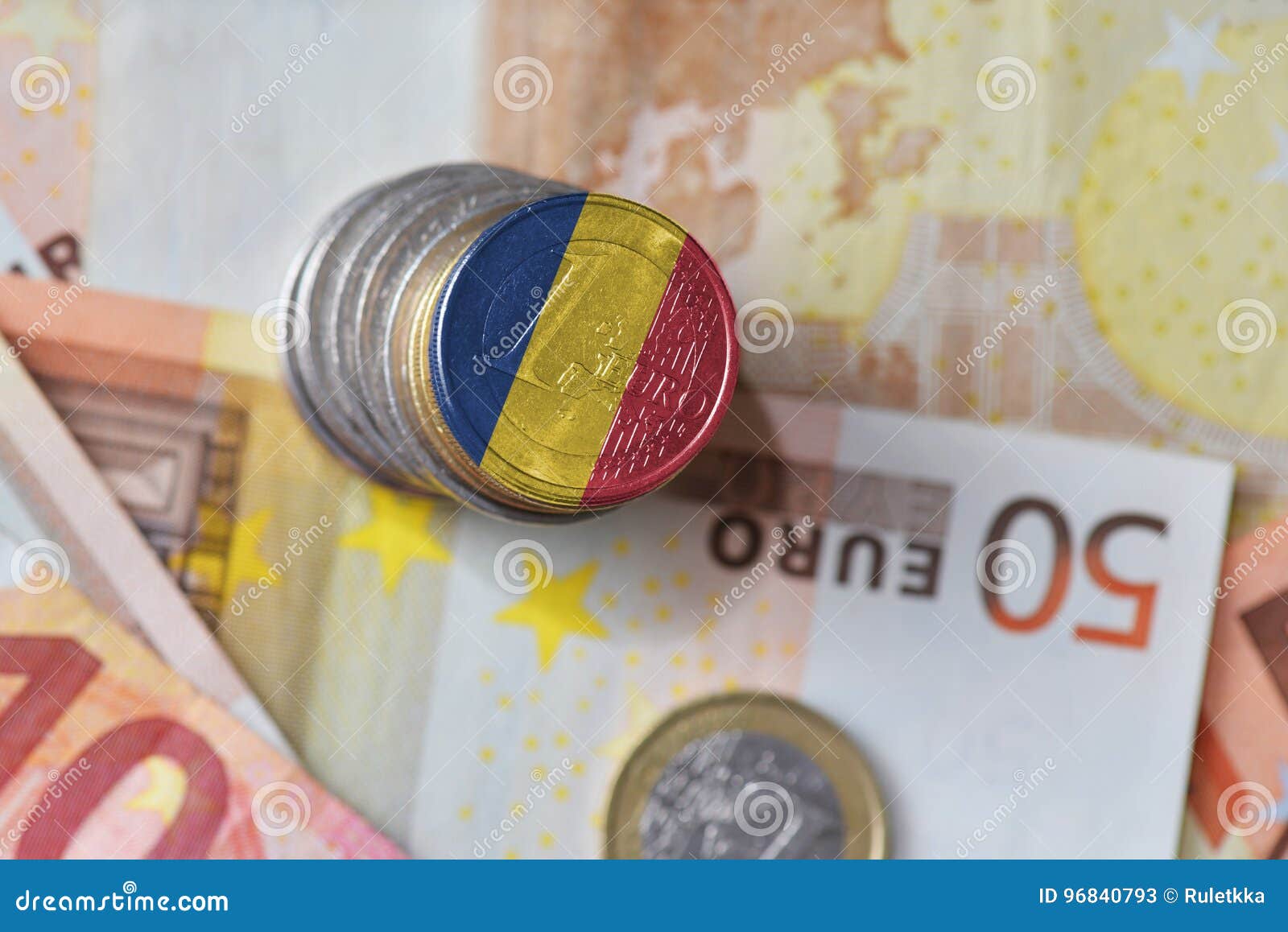 Euro Coin with National Flag of Romania on the Euro Money 