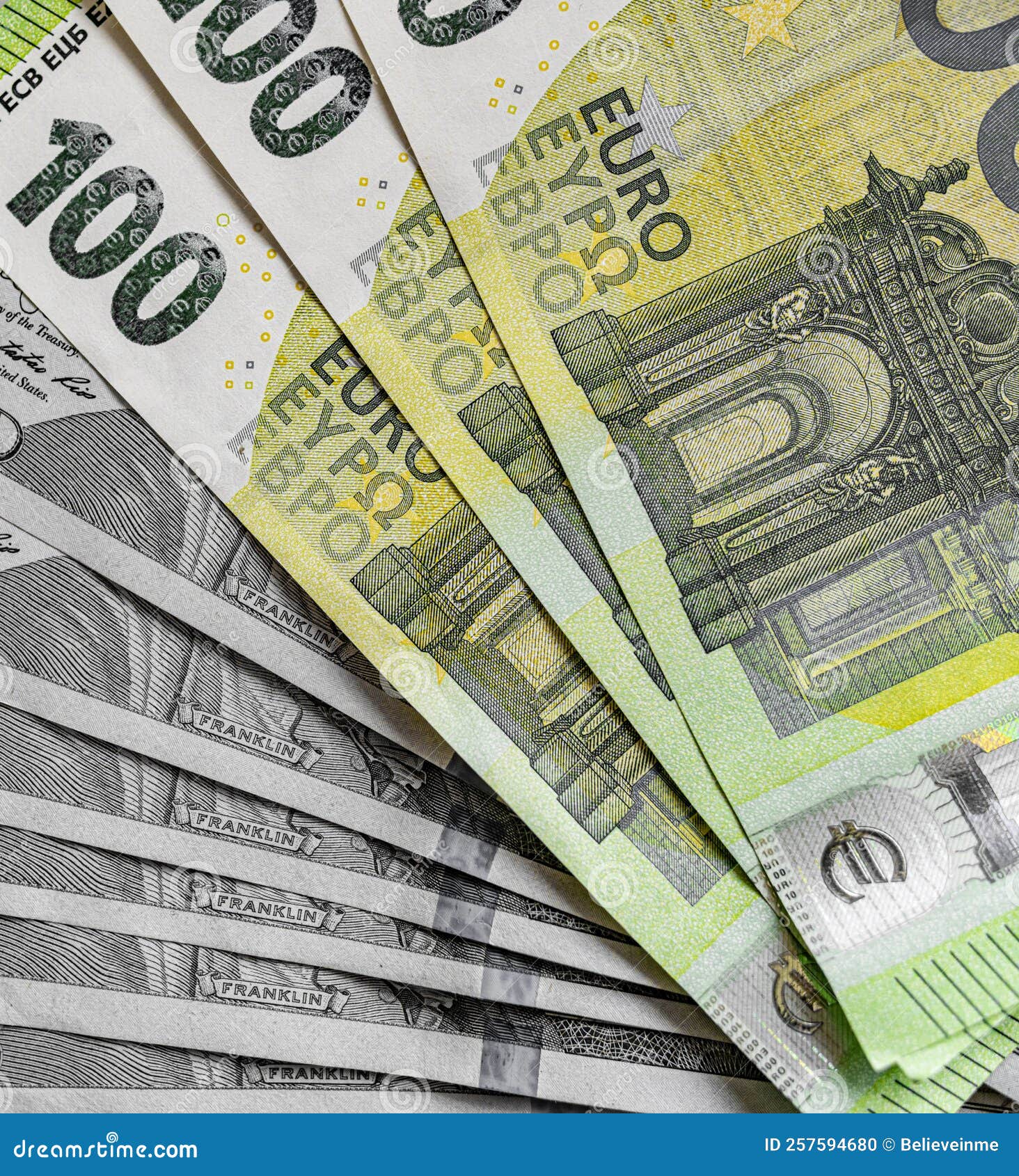 Euro and Dollar Bills in a Common Stack. Stock Photo Image of market
