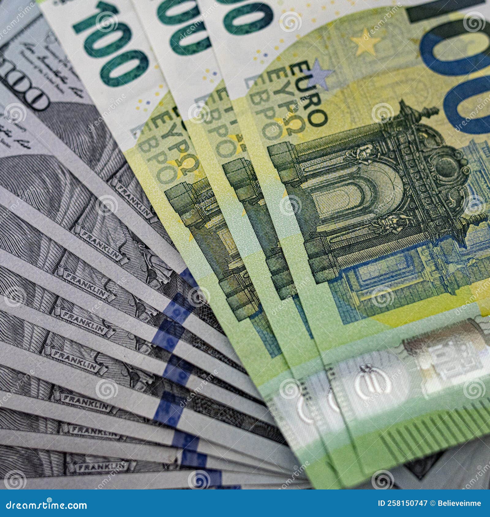 Euro and Dollar Bills in a Common Stack. Stock Image Image of europe