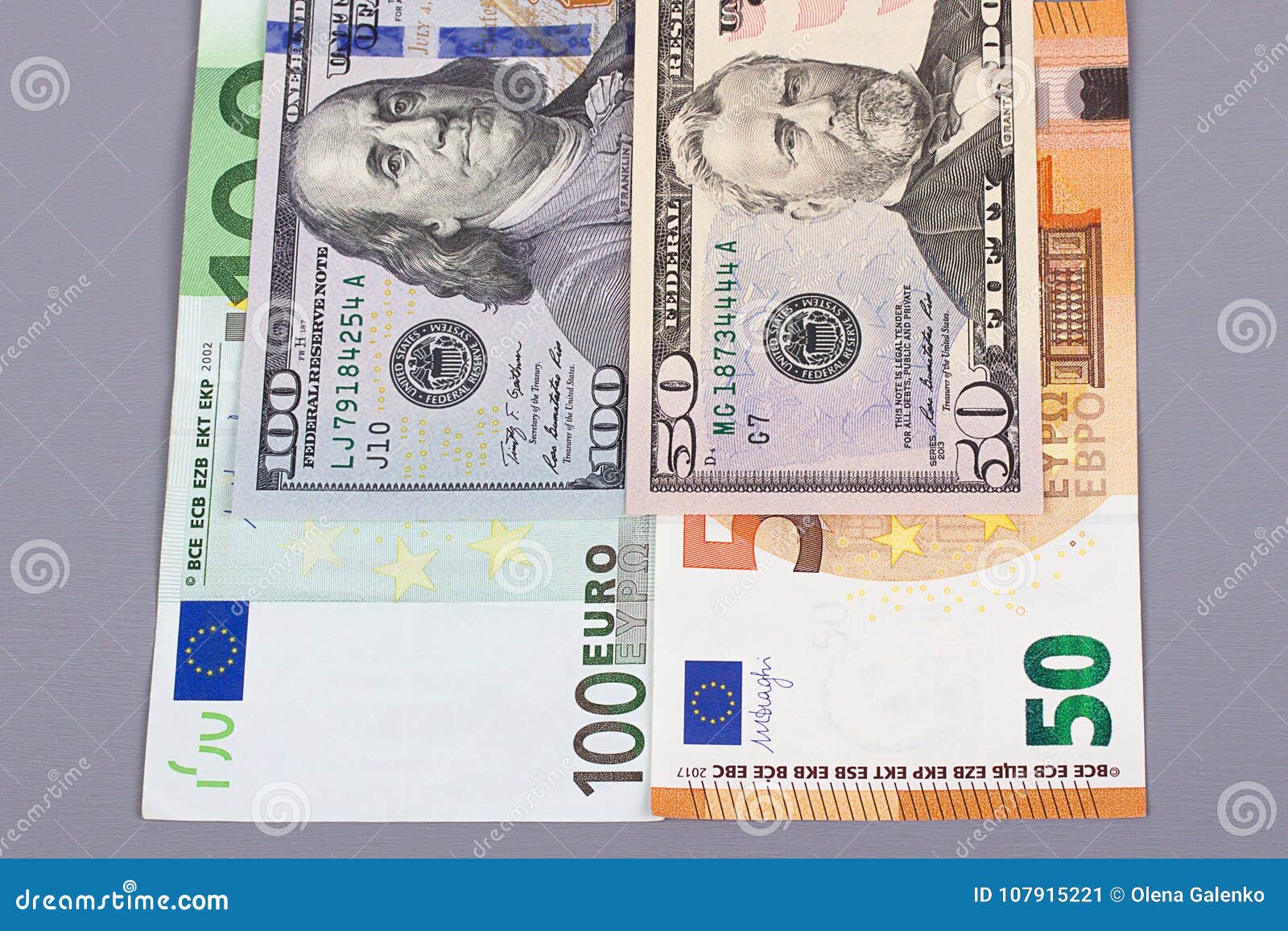 100 Euro 50 Dollar Money on Gray Background. Stock Image - Image of  earning, closeup: 107915221