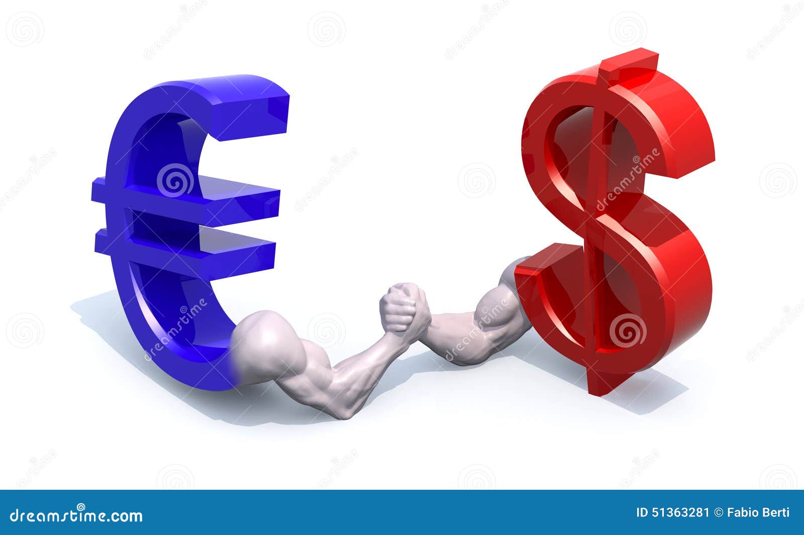 Euro and dollar symbol currency make arm wrestling, 3d illustration