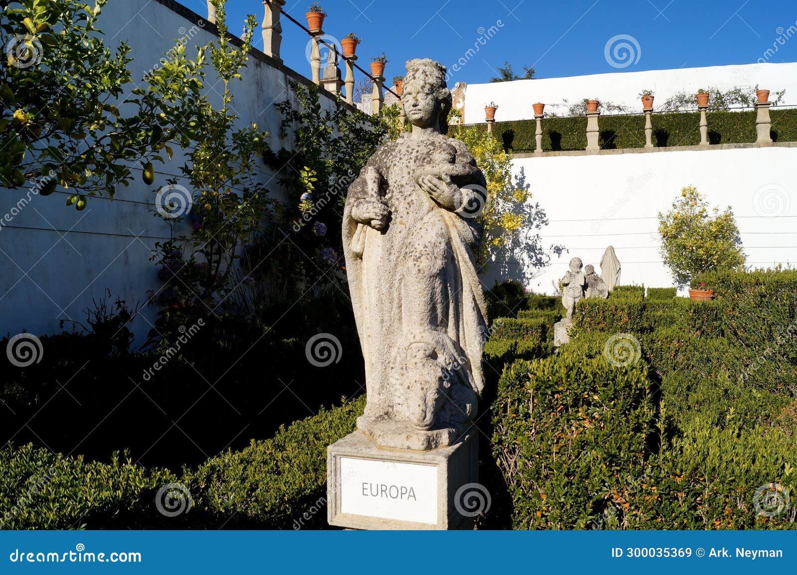 europe, allegoric sculpture in the garden of the episcopal palace, jardim do paco, castelo branco, portugal