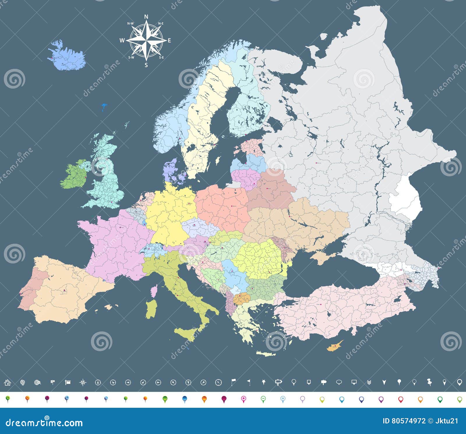 europe  colorful political map with regions borders and navigation icons