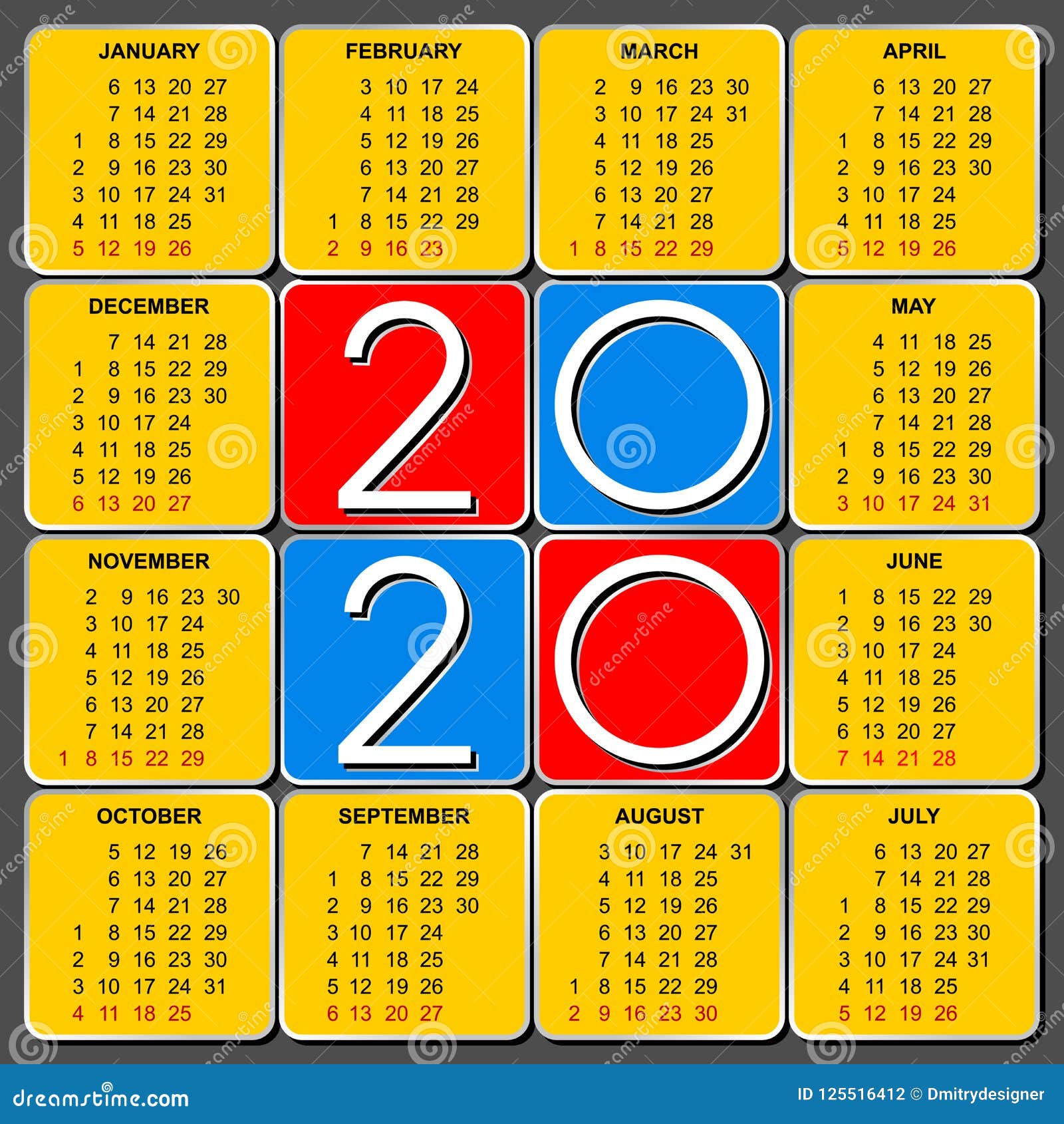 European Calendar Grid for 2020 Stock Vector - Illustration of date
