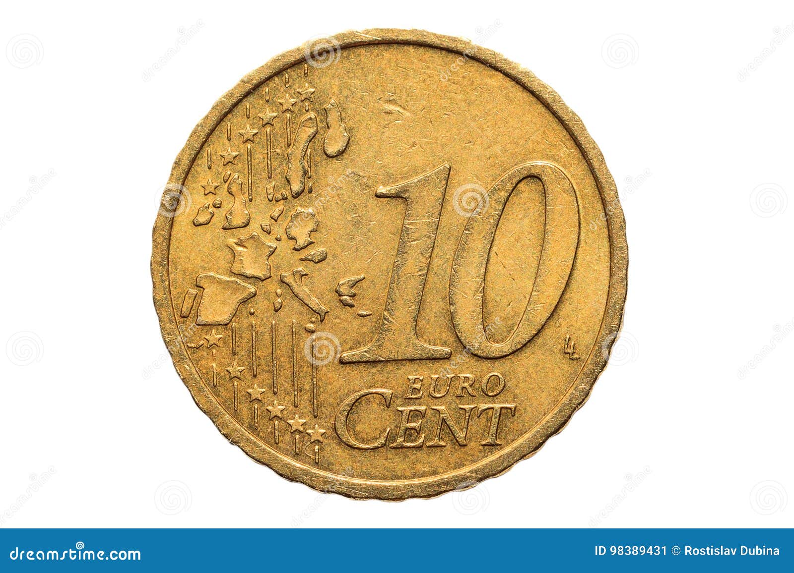 european coin with a nominal value of ten euro cents  on white background. macro picture of european coins.