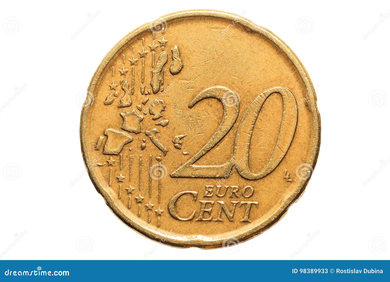 european coin with a nominal value of twenty euro cents  on white background. macro picture of european coins.