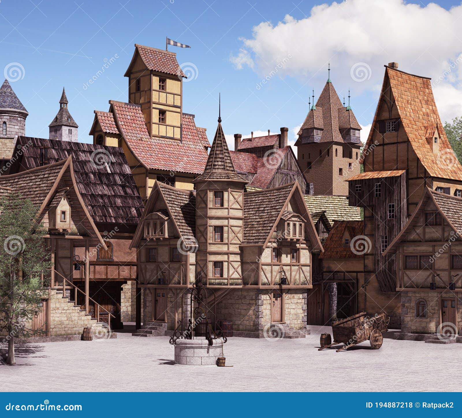 european medieval or fantasy town square on a sunny day