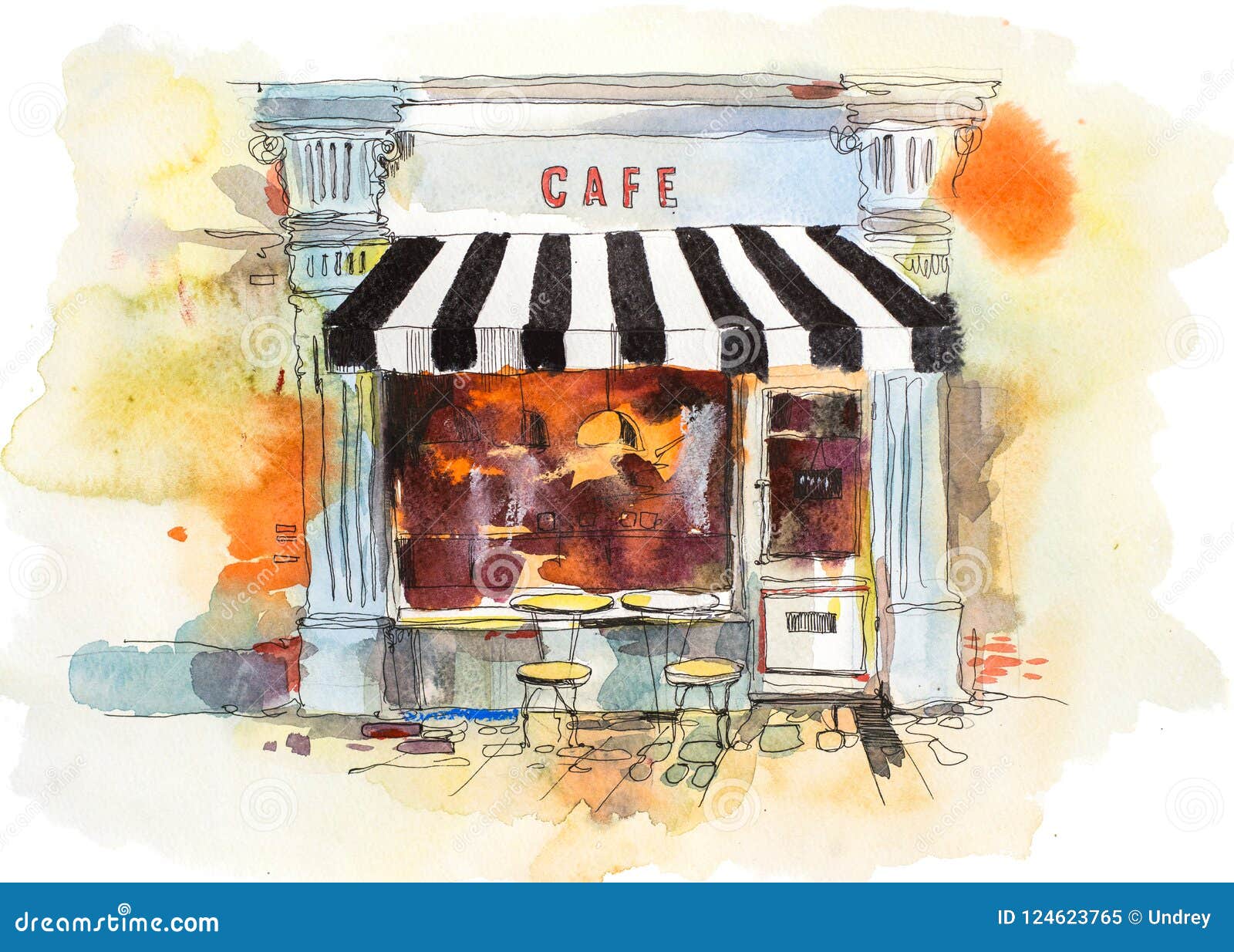 european retro restaurant or cafe watercolor 