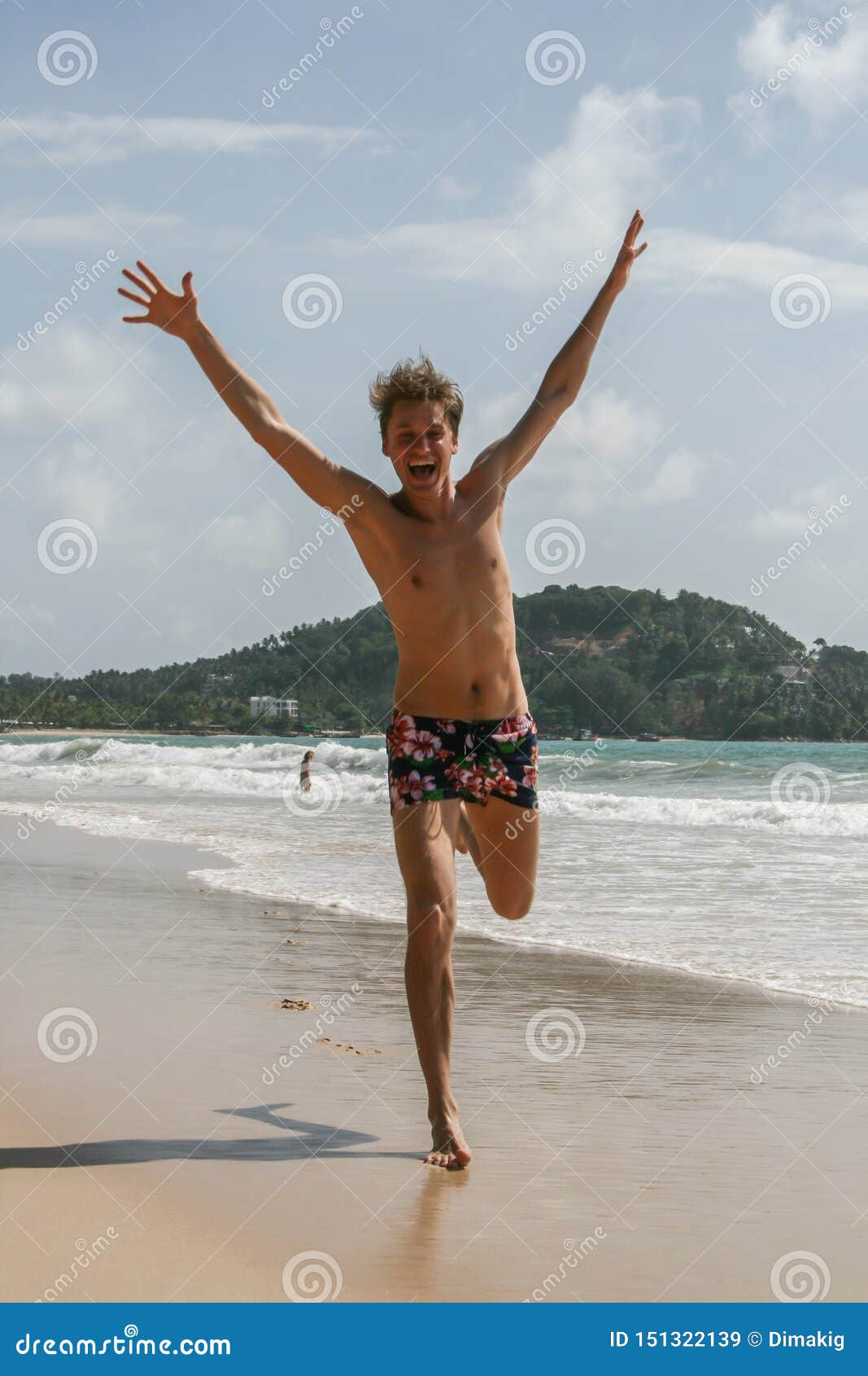 European Tourist Wearing Red Swimming Underwear Running and Jumping on the  Beach. Stock Image - Image of outdoor, person: 151322139