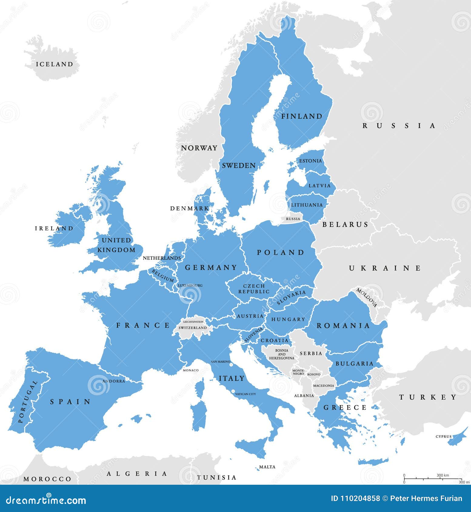 European Union Countries English Labeling Political Map Stock