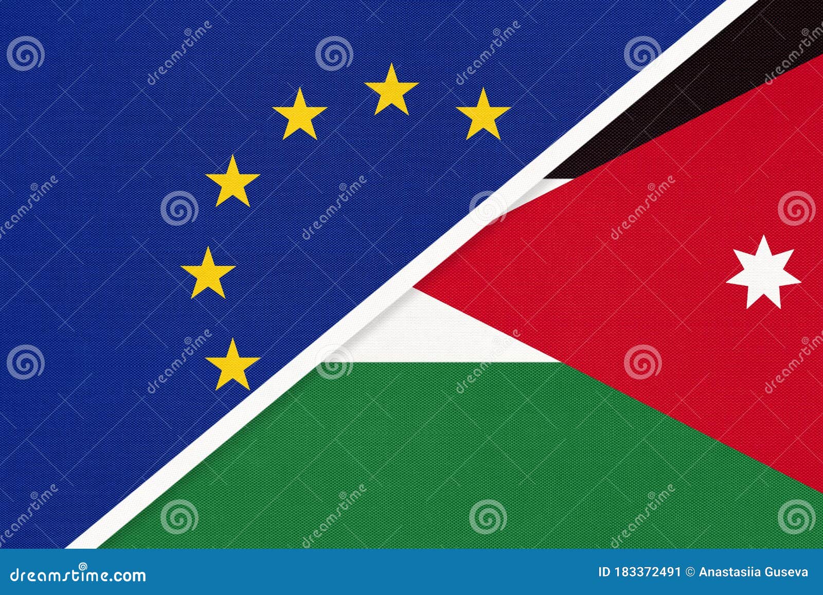 European Union or EU and Jordan National Flag from Textile. Symbol of the  Council of Europe Association Stock Image - Image of jordan, agreement:  183372491