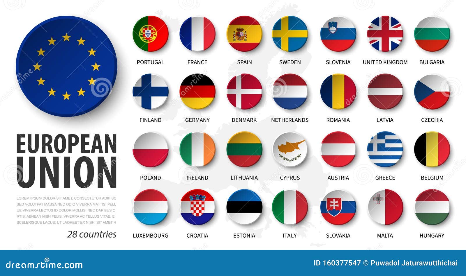 european union . eu and membership flags . 3d sink circle button   . white  background and europe map .