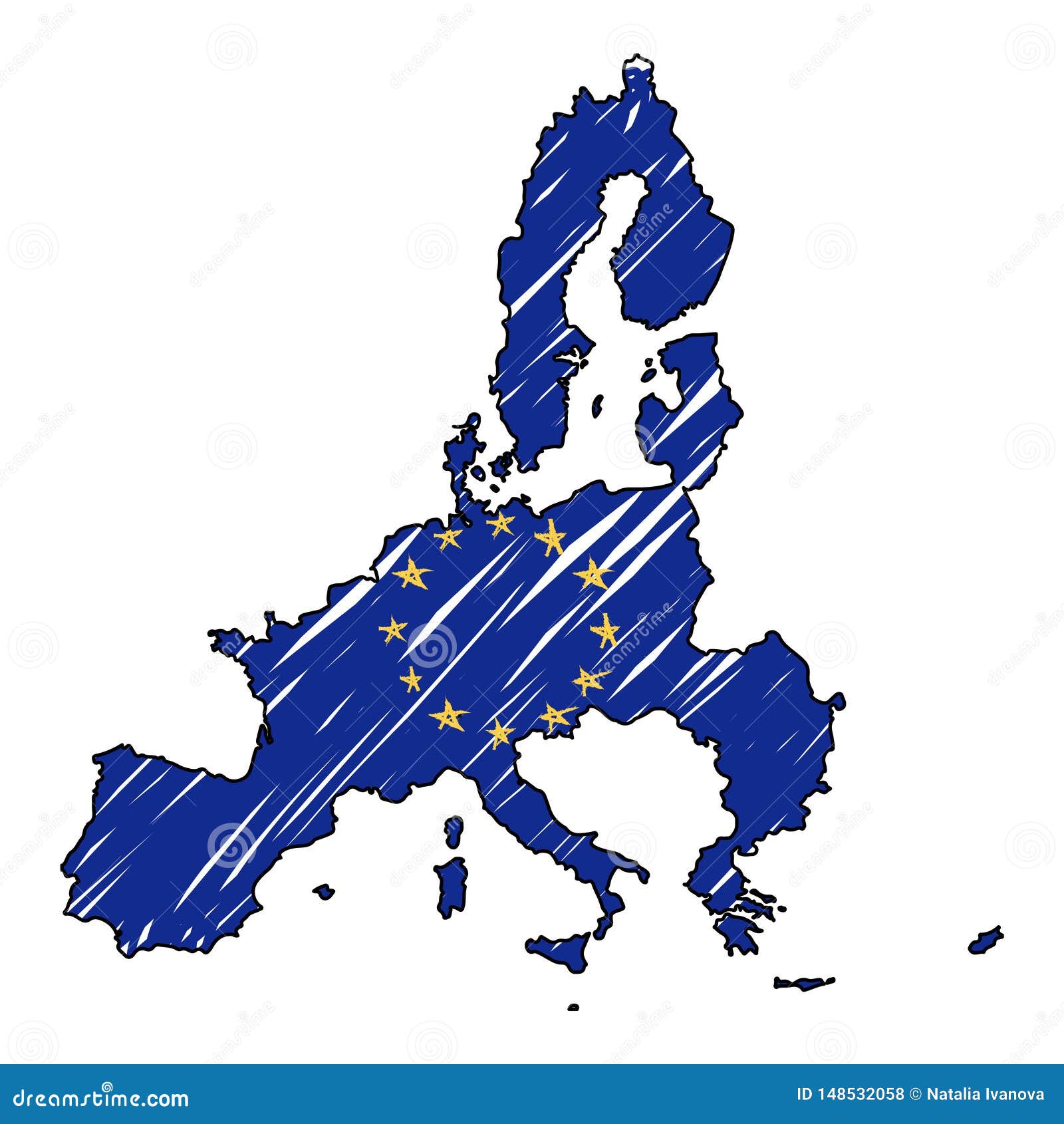 European Union Map Hand Drawn Sketch. Vector Concept Illustration Flag