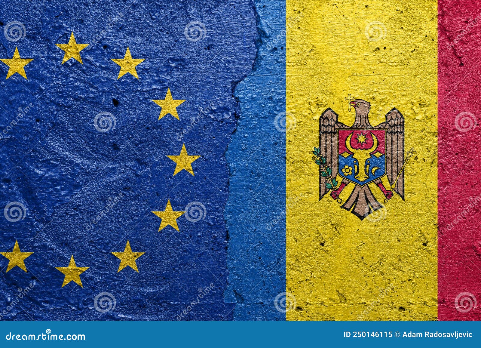 european union and moldova - cracked concrete wall painted with a eu flag on the left and a moldovan flag on the right stock photo