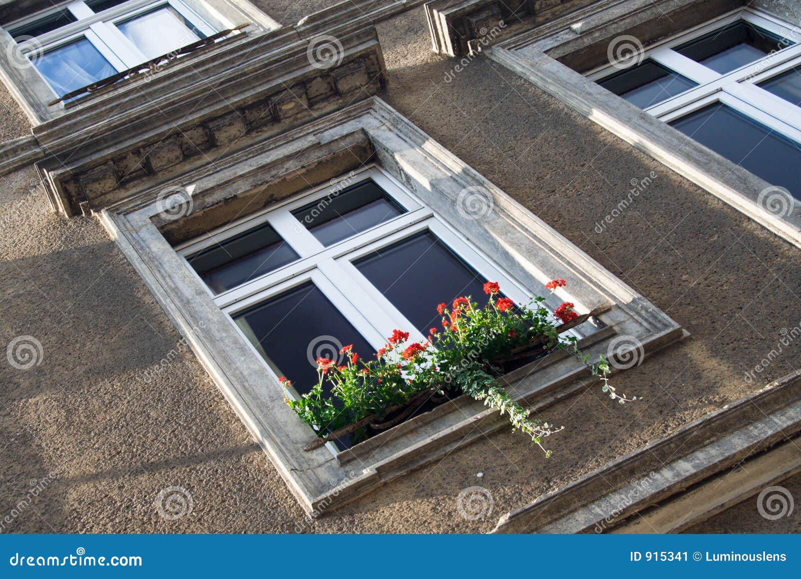 European Window with Red Flowers Stock Image - Image of perspective