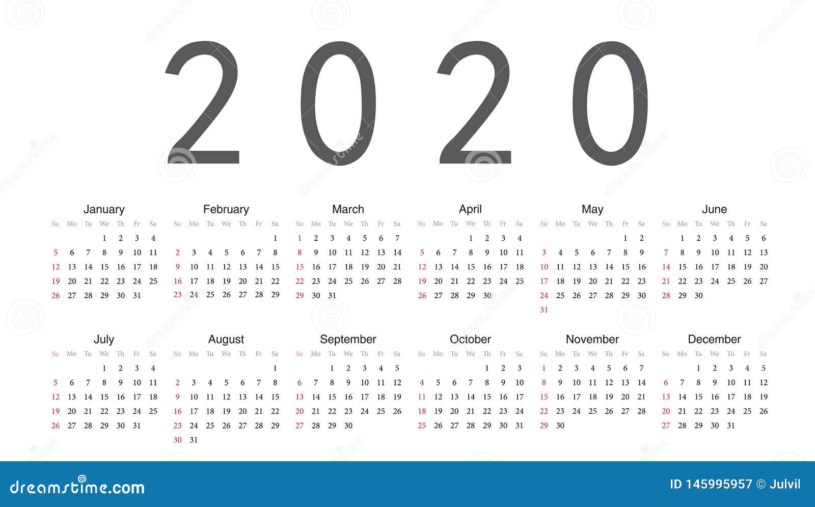 European 2020 Year Vector Calendar Stock Vector - Illustration of