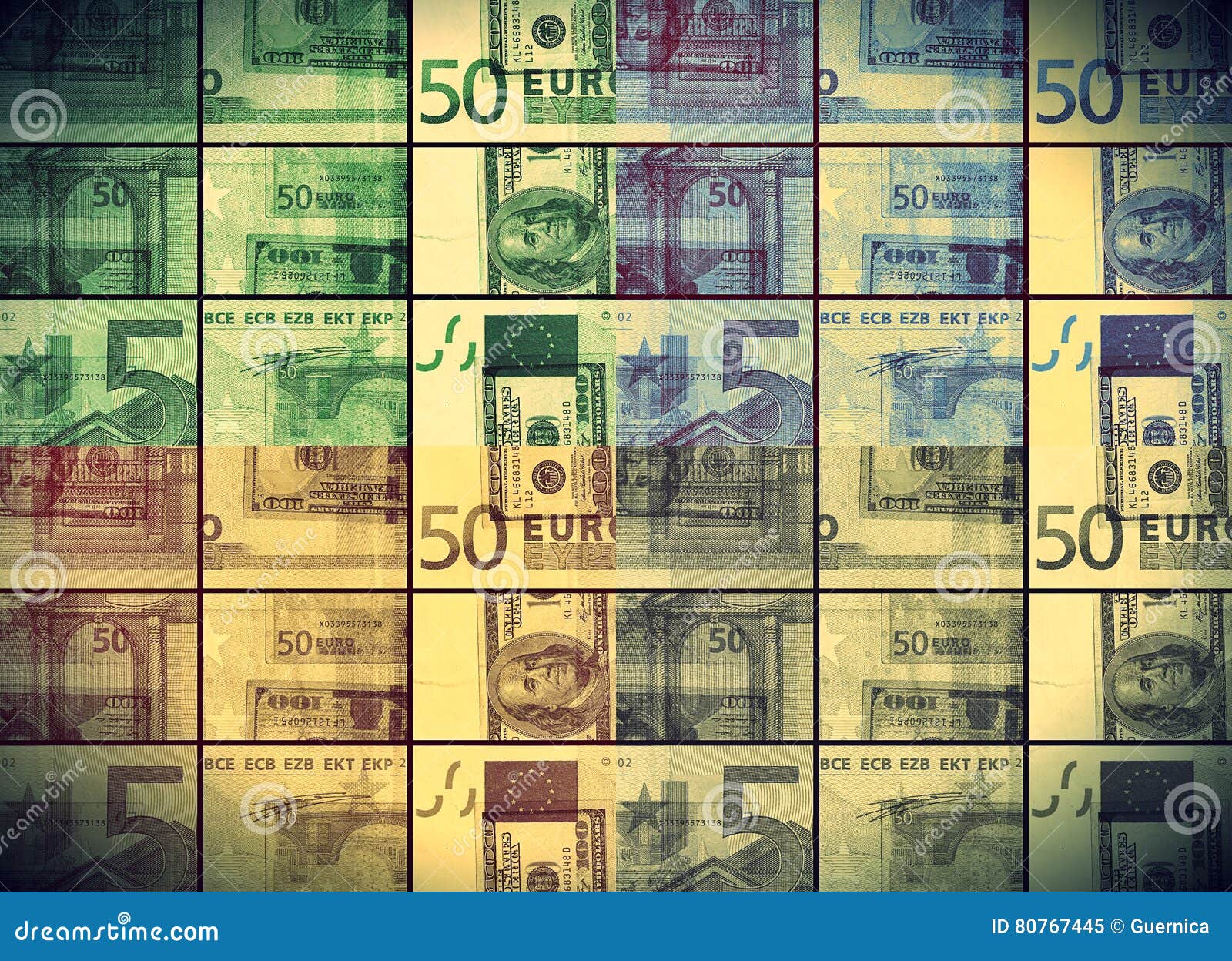 50 euros banknote bill in colored collage
