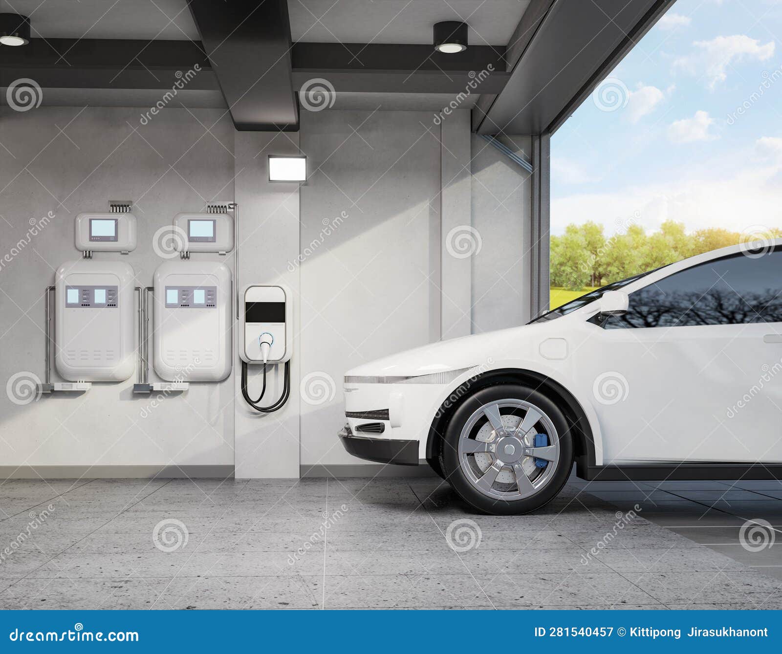 Ev Charger or Wall Charger with Ev Car at Home Garage Stock