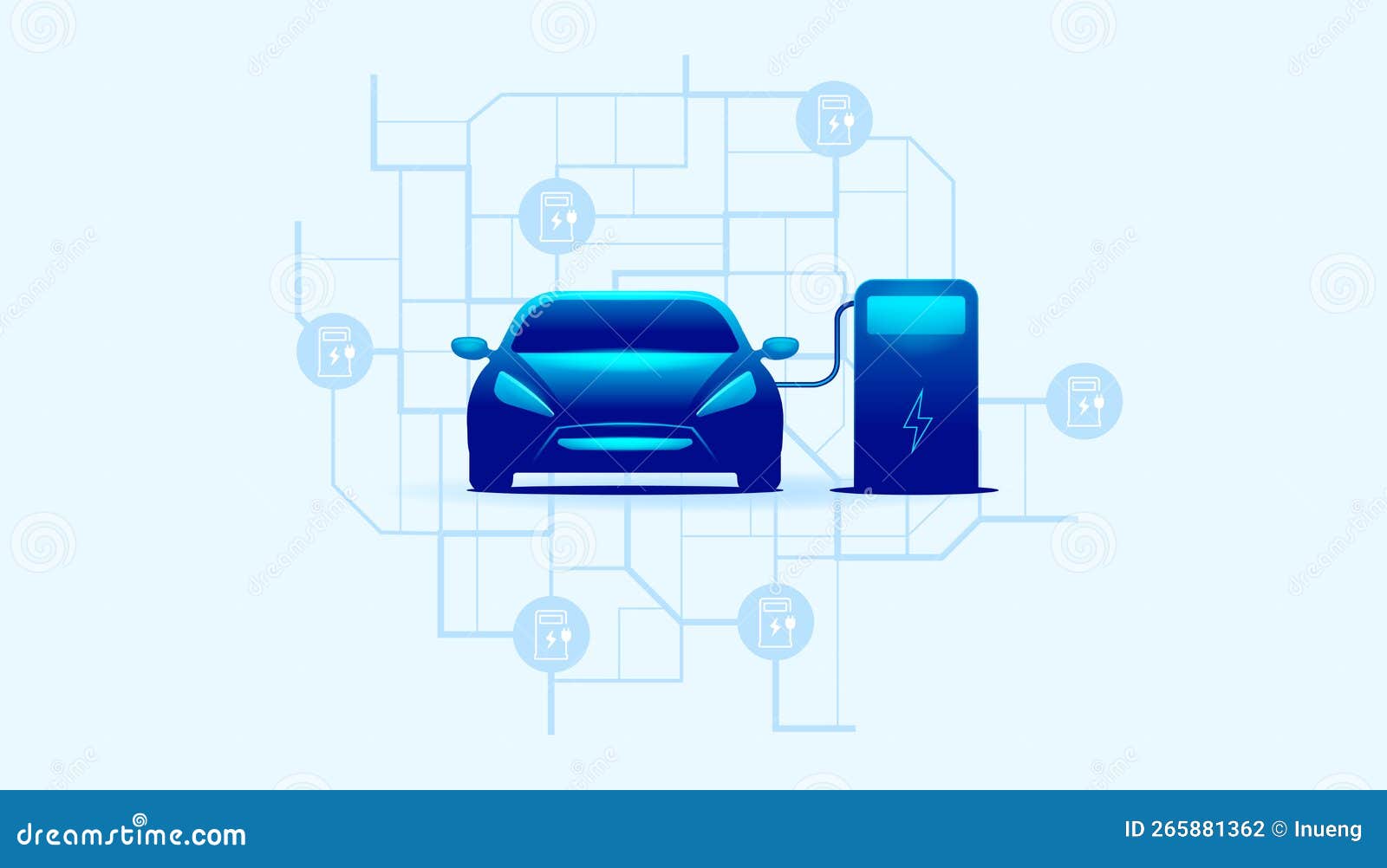 EV Charging Station with Charging Electric Blue Car. Map with Locations