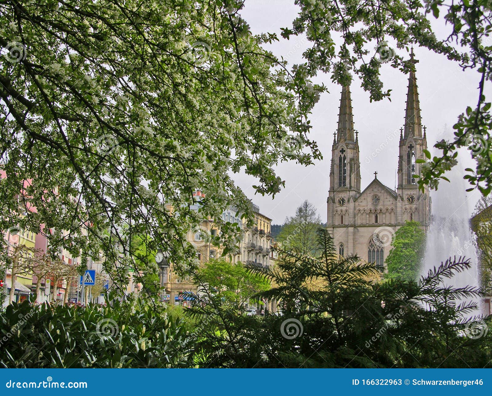 protestant town church on augustaplatz in baden-baden with branches and flowers in the foreground