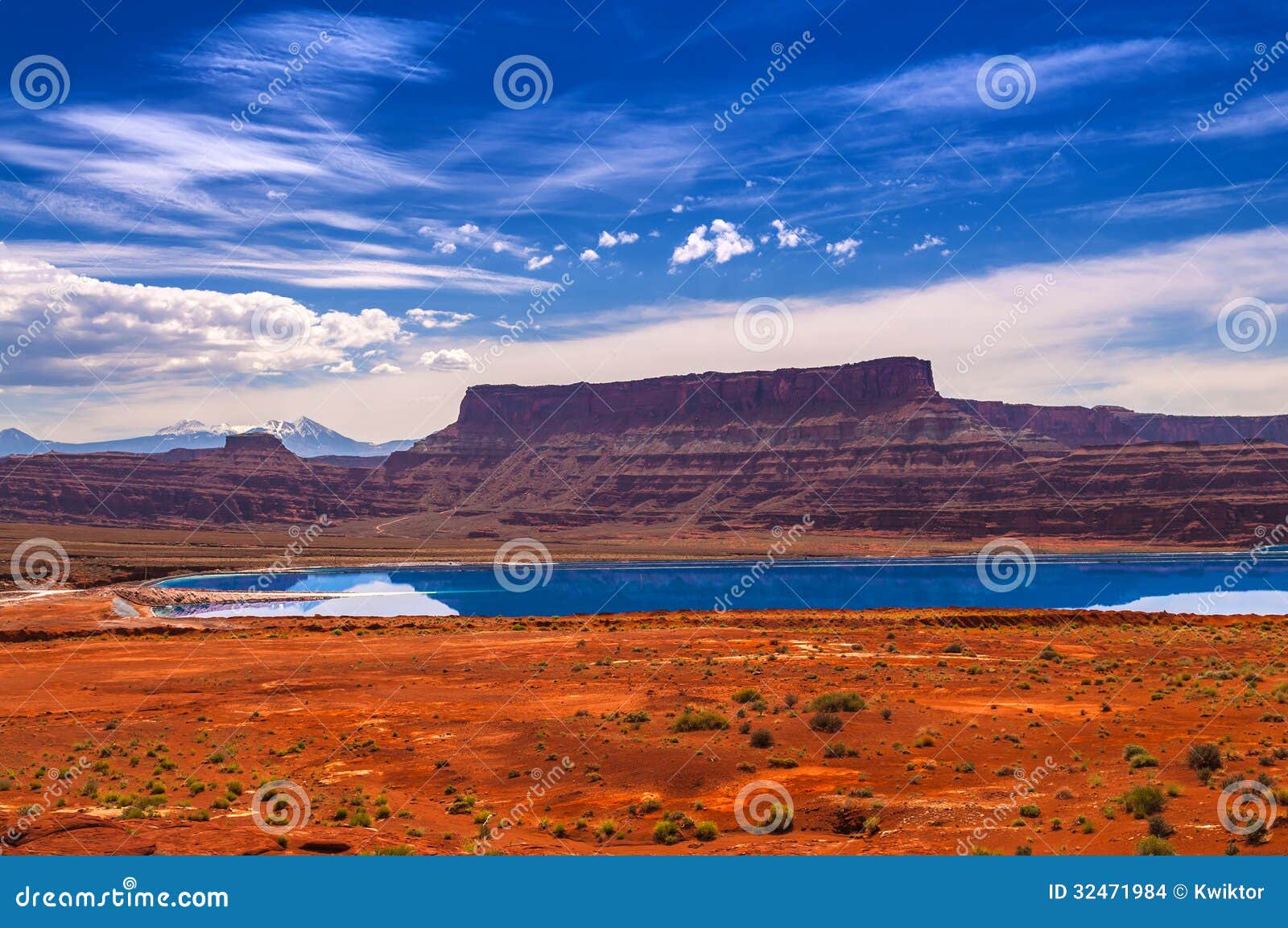 Evaporation Ponds near Potash Road in Moab Utah. Evaporation Pools with La Sale Mountains in the Back against beautiful blue sky