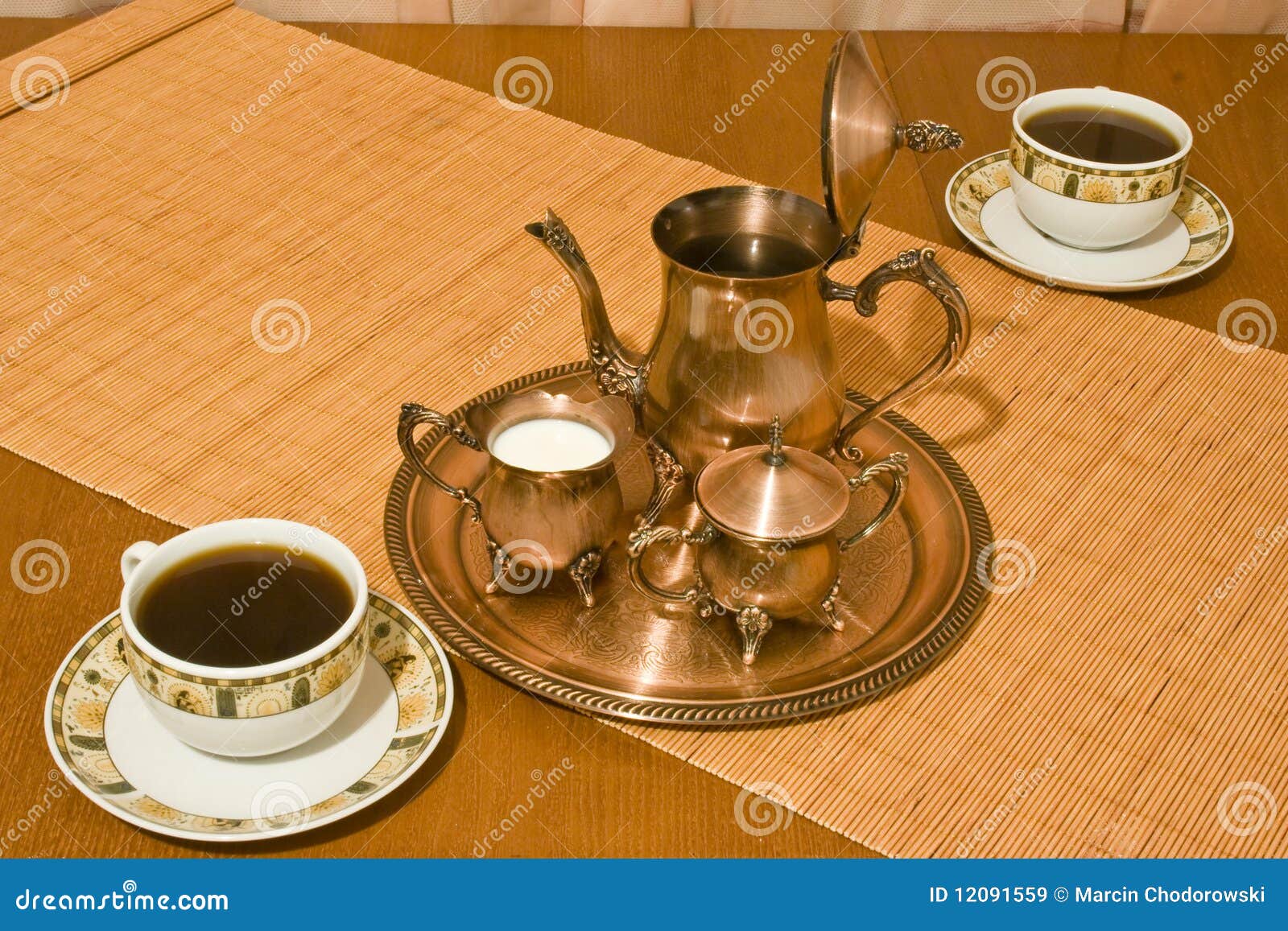 Evening with coffee. stock image. Image of steam, pitcher 12091559