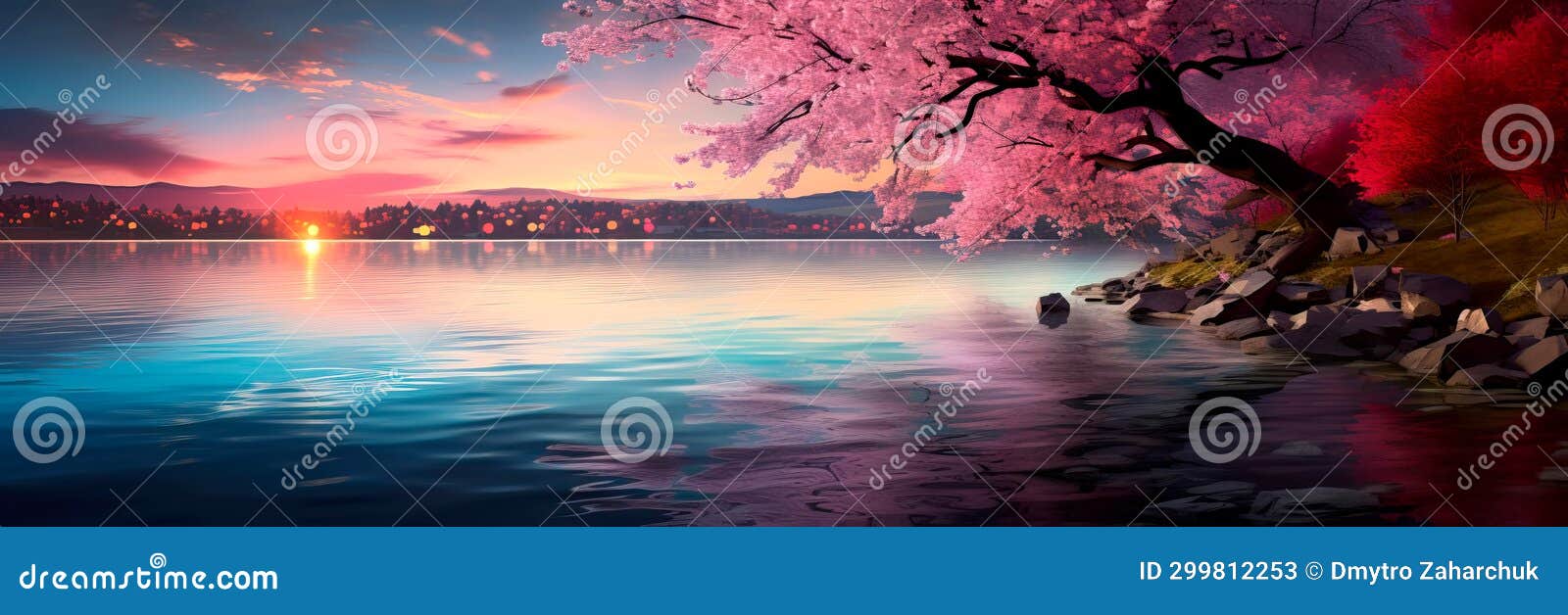 an evening lake where the spring sky is reflected, and cherry trees in bloom on the shore. generative ai