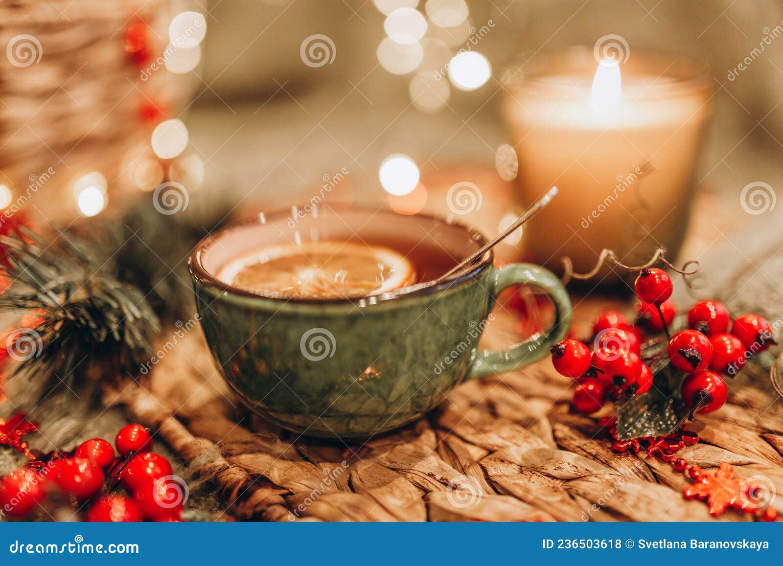 Evening Tea Party with Christmas Lights Hot Tea and Candy Stock Photo ...