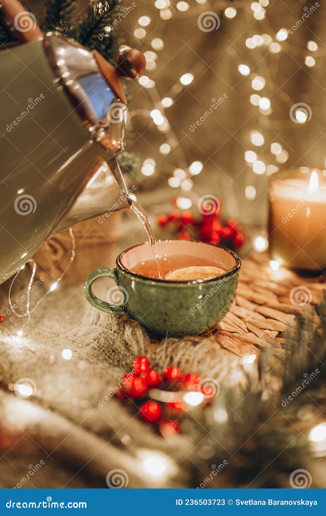 Evening Tea Party with Christmas Lights Hot Tea and Candy Stock Image ...