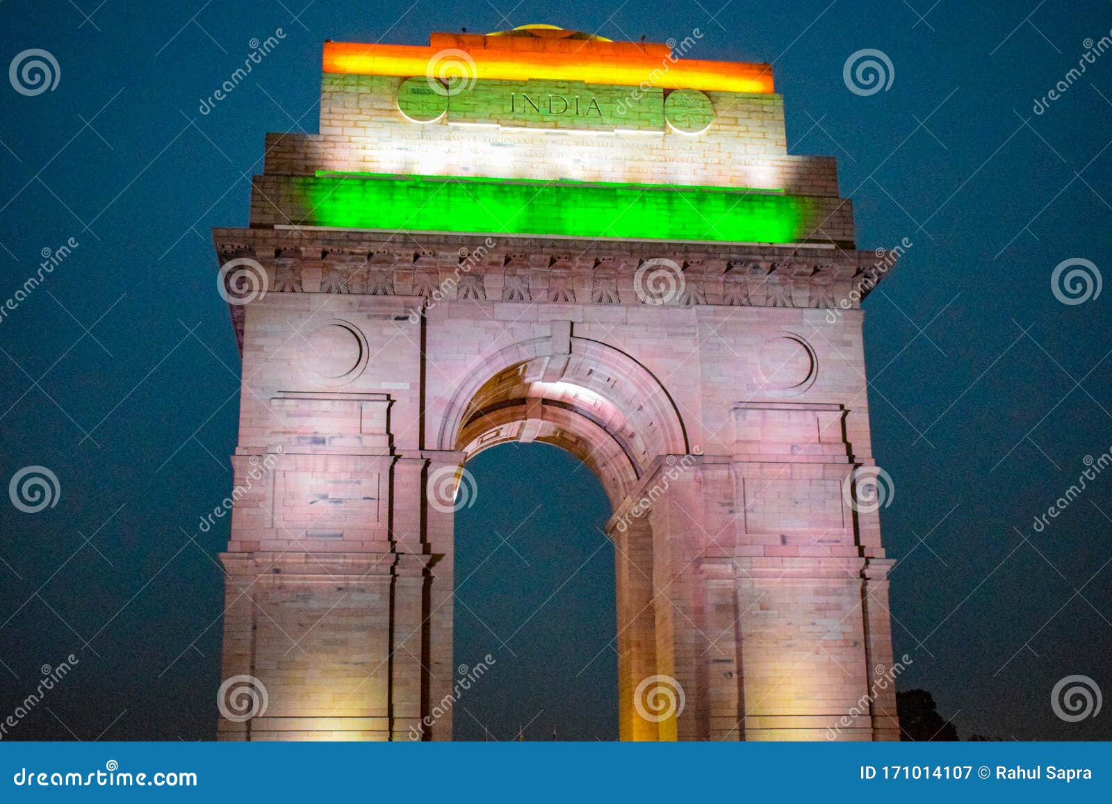 evening view of india gate in delhi india, india gate view with tri colour at the top