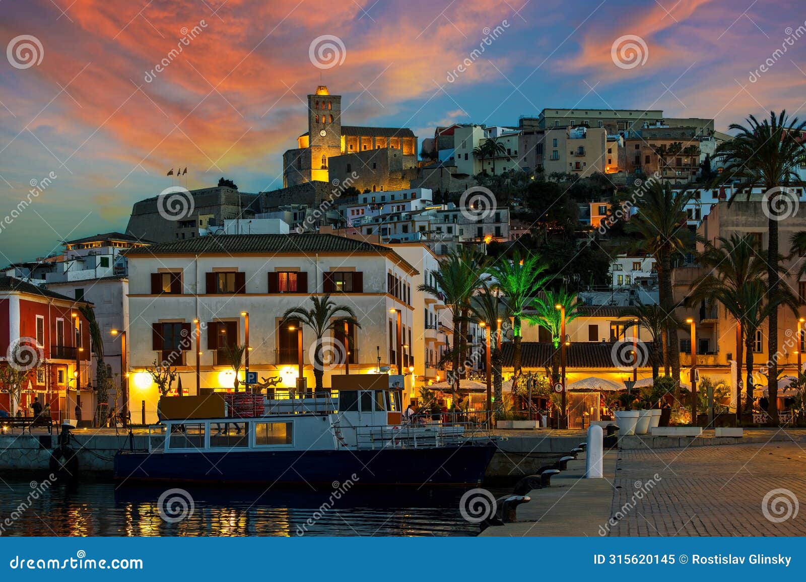 evening view of the old town of eivissa, ibiza, spain