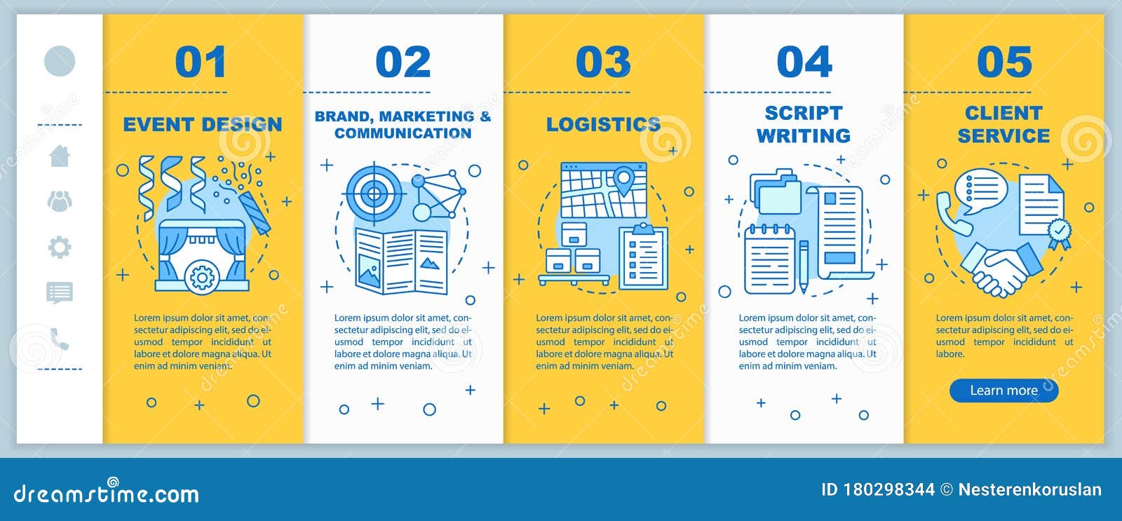event management, planning mobile web pages  template. brand, marketing and communication, client service
