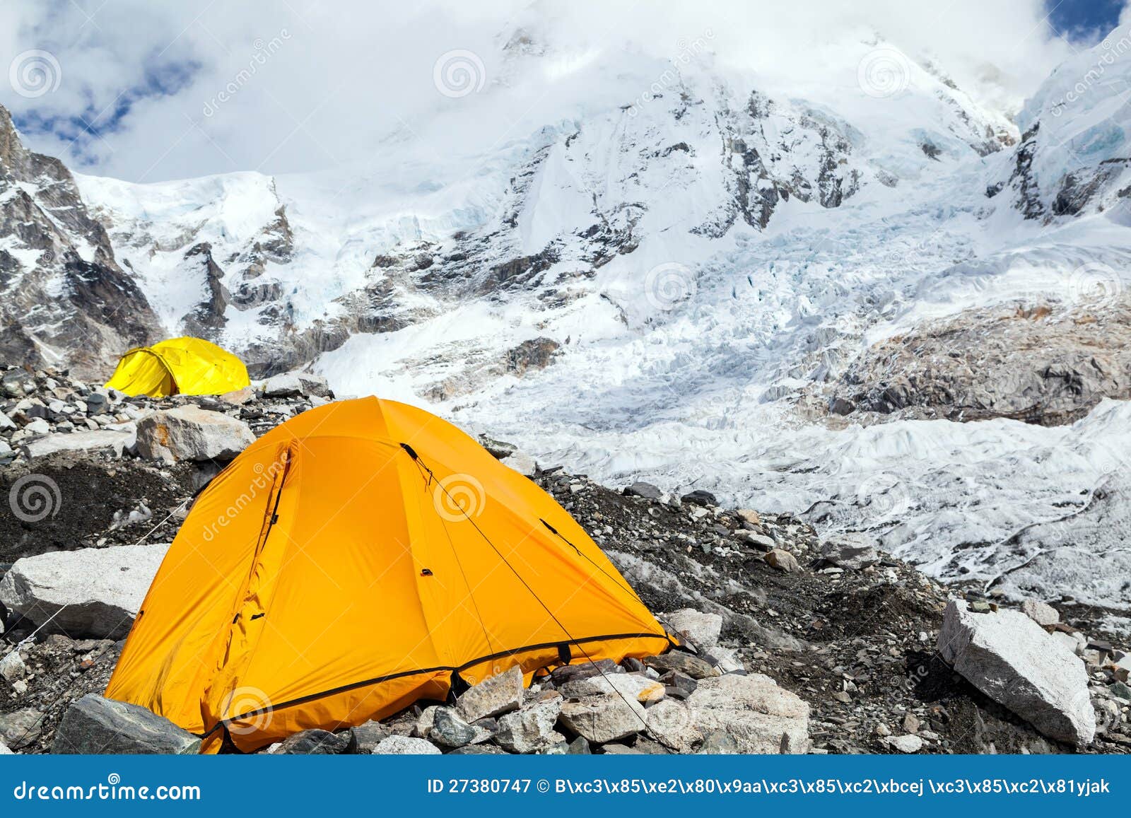 everest base camp and tent in himalaya mountains