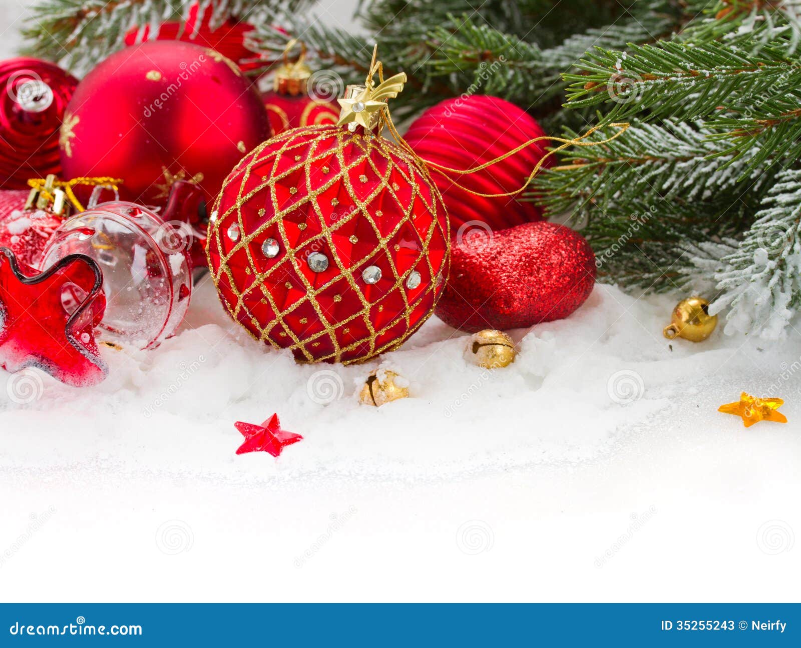 Evergreeen Tree and Red Christmas Decorations Stock Image - Image of ...