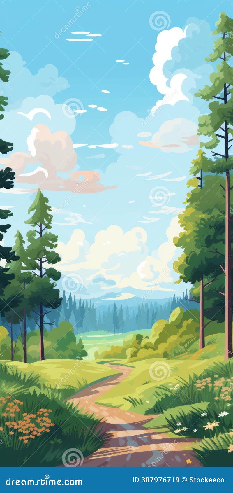 evergreen forest: beautiful cartoon  of a sunny day