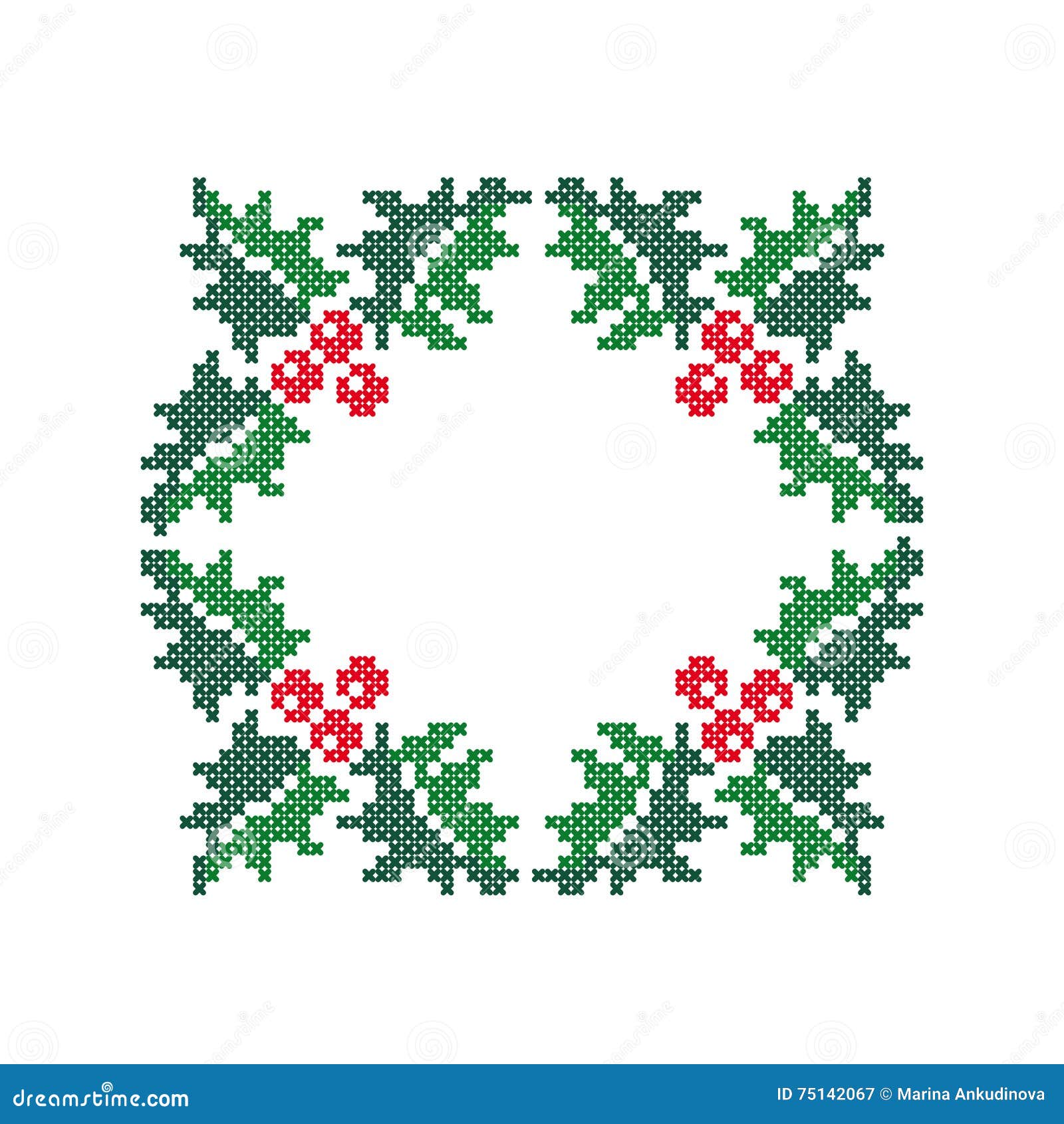 Cross stitch Christmas tree in a holly frame embroidery design