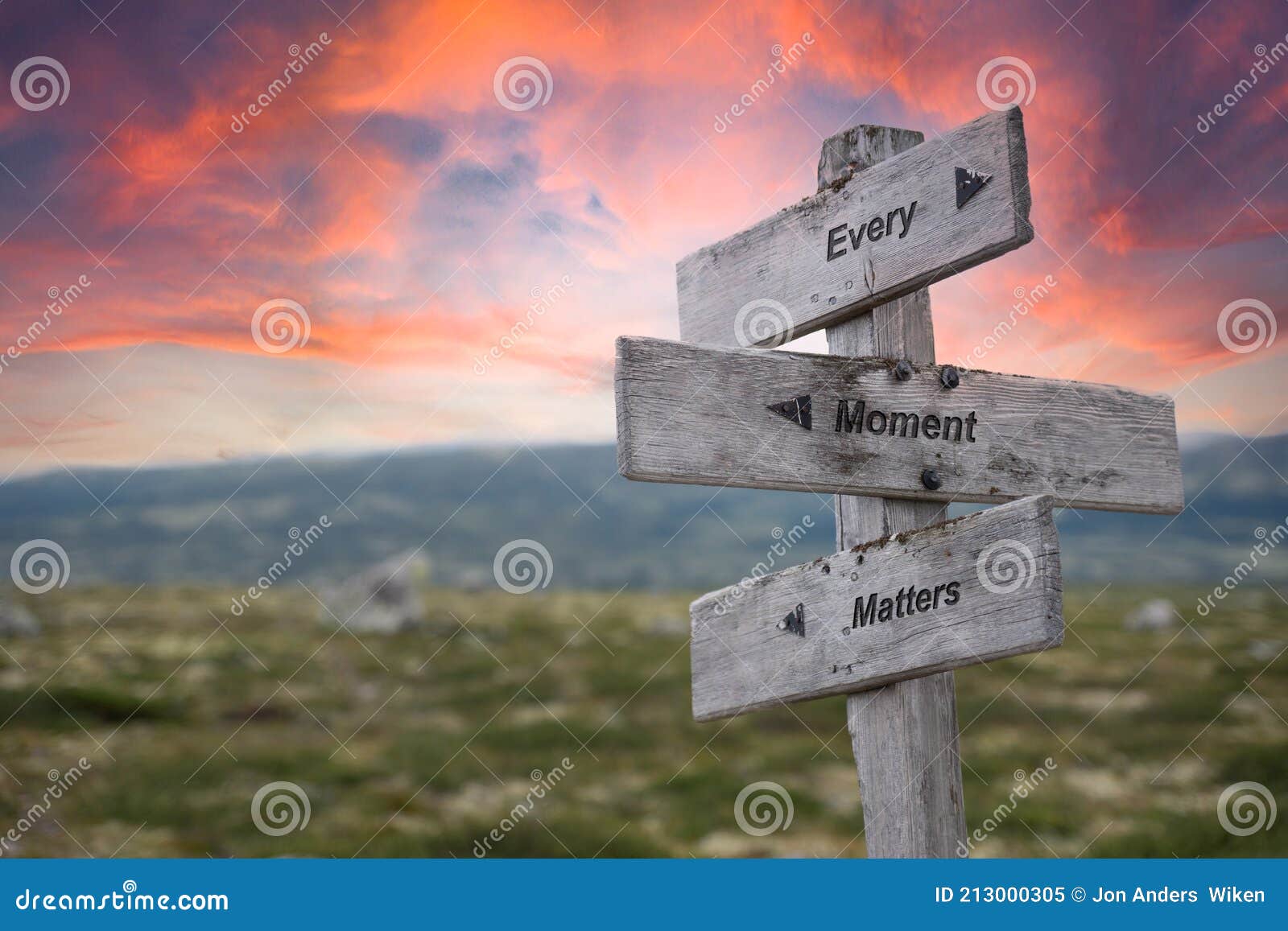 every moment matters text engraved in wooden signpost outdoors in nature during sunset